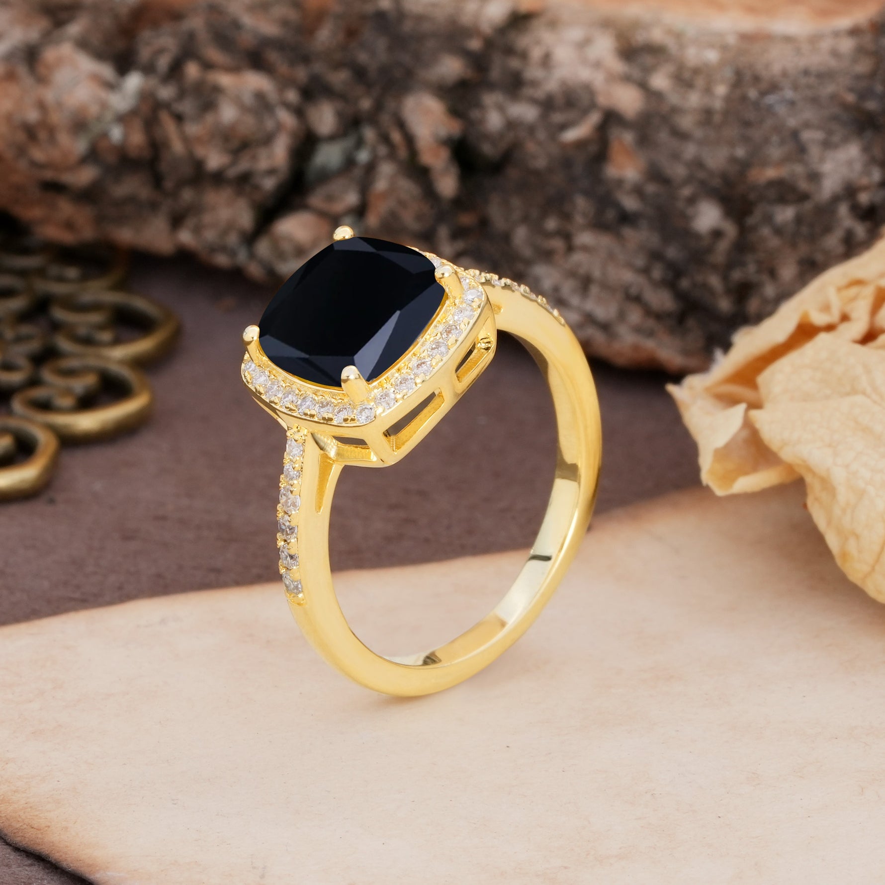 Unique And Luxurious 4-Prong Princess Cut Black Onyx Engagement Ring - Additional view