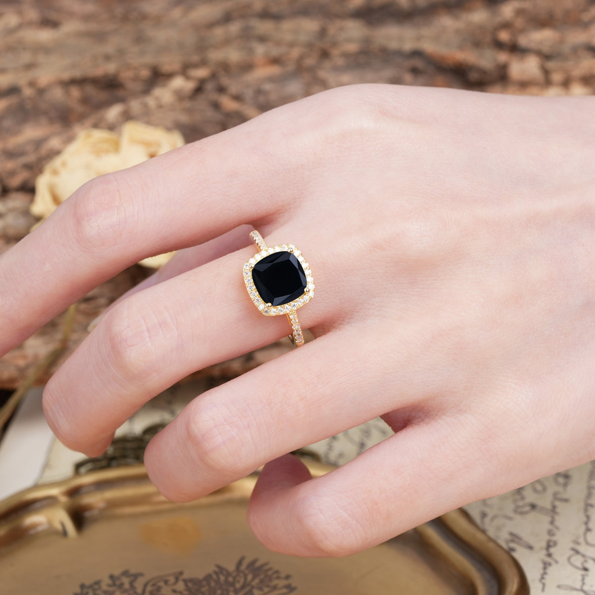 Unique And Luxurious 4-Prong Princess Cut Black Onyx Engagement Ring - Additional view