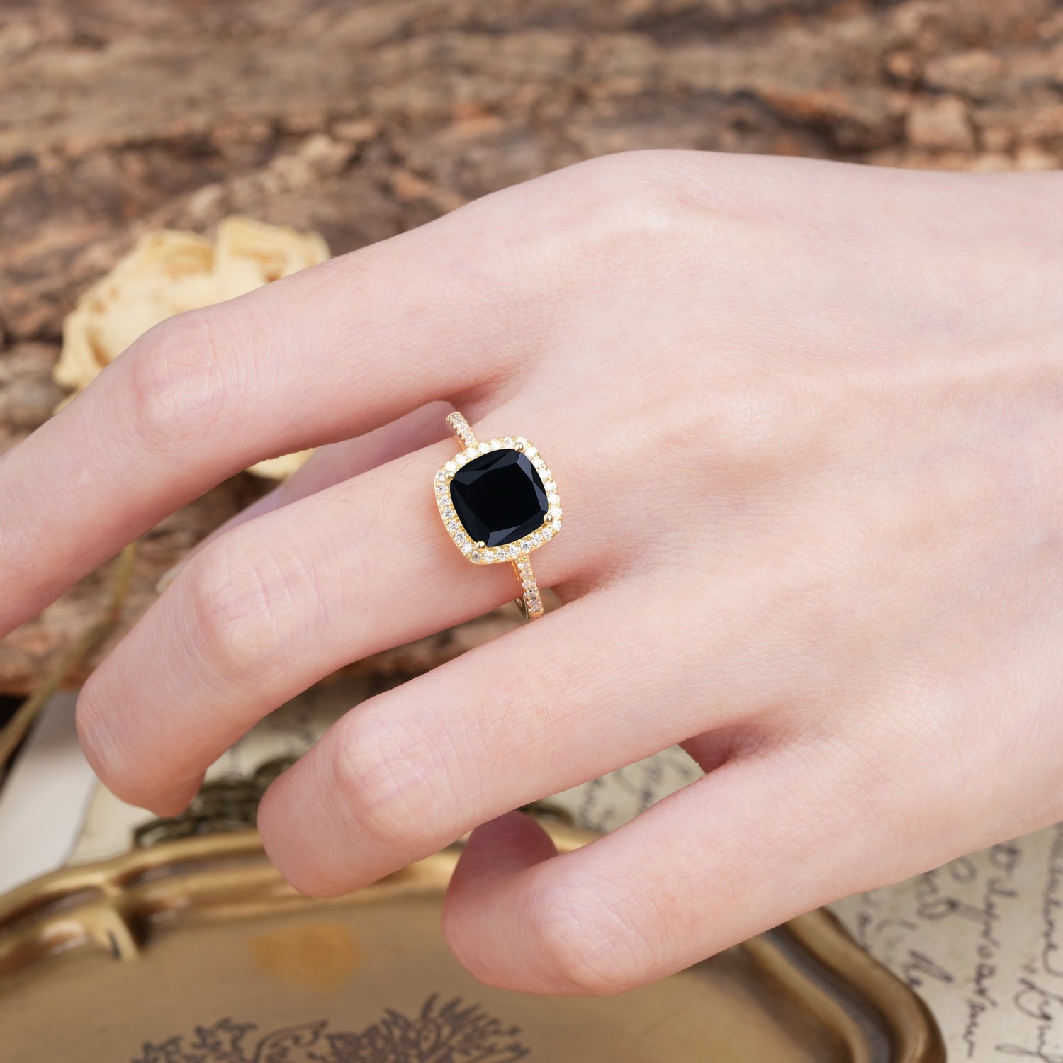 Unique And Luxurious 4-Prong Princess Cut Black Onyx Engagement Ring - Additional view