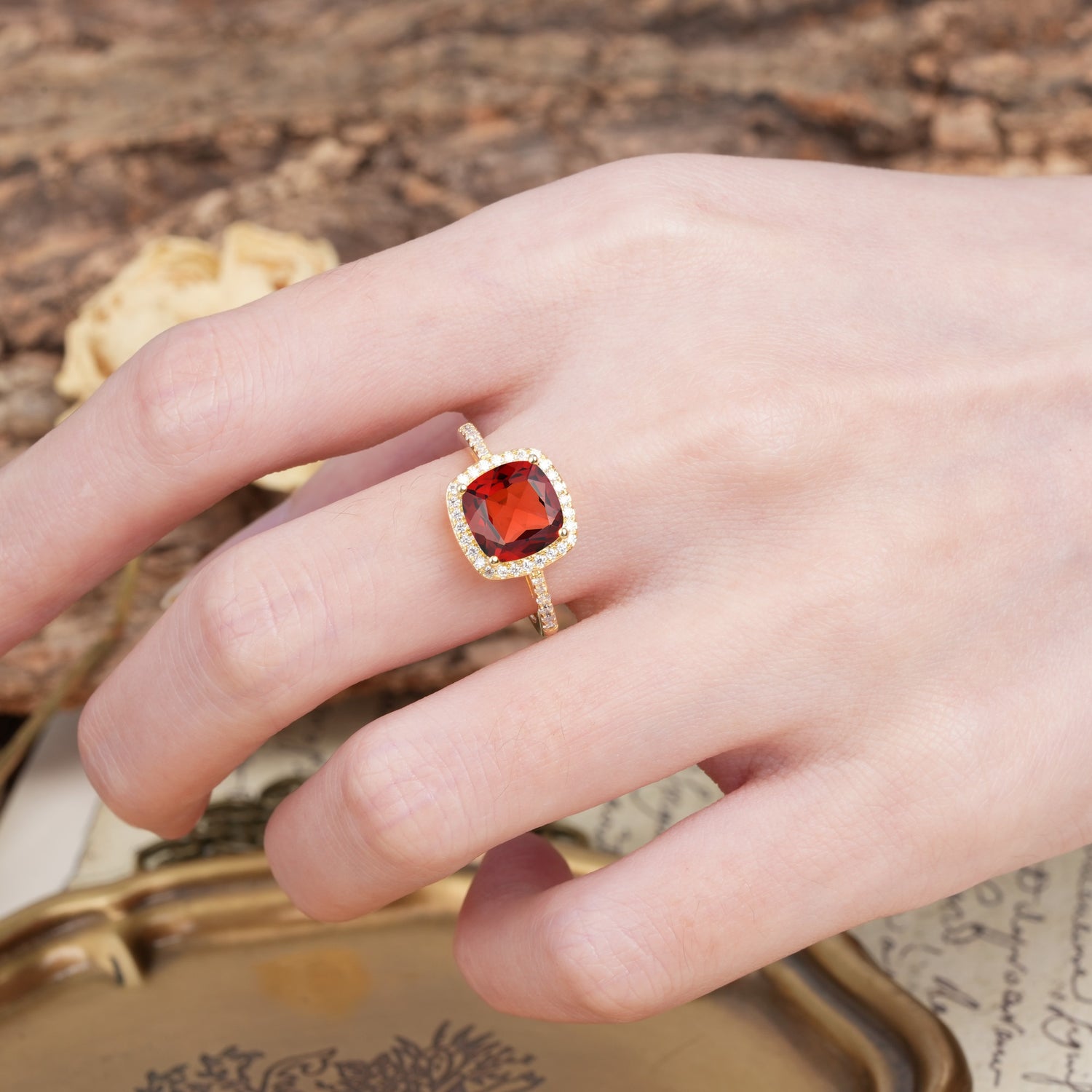 Unique And Luxurious 4-Prong Princess Cut Garnet Engagement Ring - Additional view