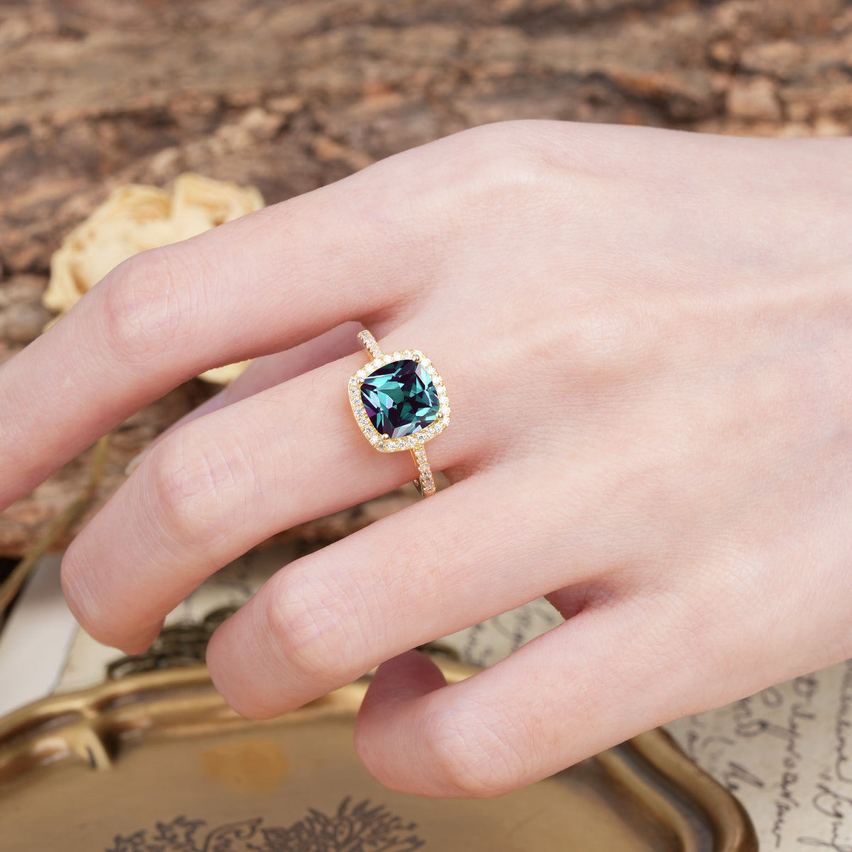Unique And Luxurious 4-Prong Princess Cut Alexandrite Engagement Ring - Additional view