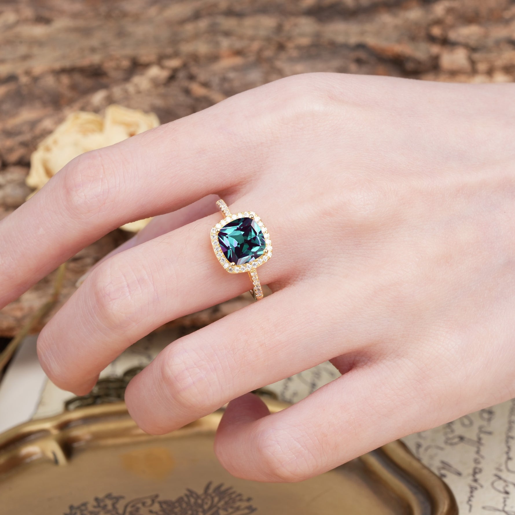 Unique And Luxurious 4-Prong Princess Cut Alexandrite Engagement Ring - Additional view