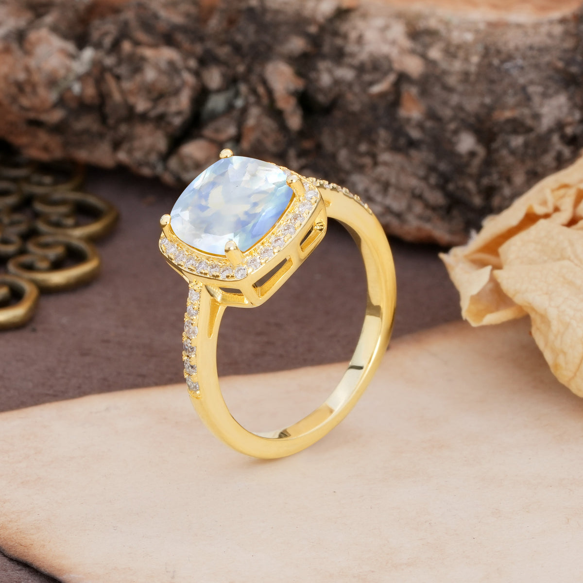 Unique And Luxurious 4-Prong Princess Cut Moonstone Engagement Ring - Additional view