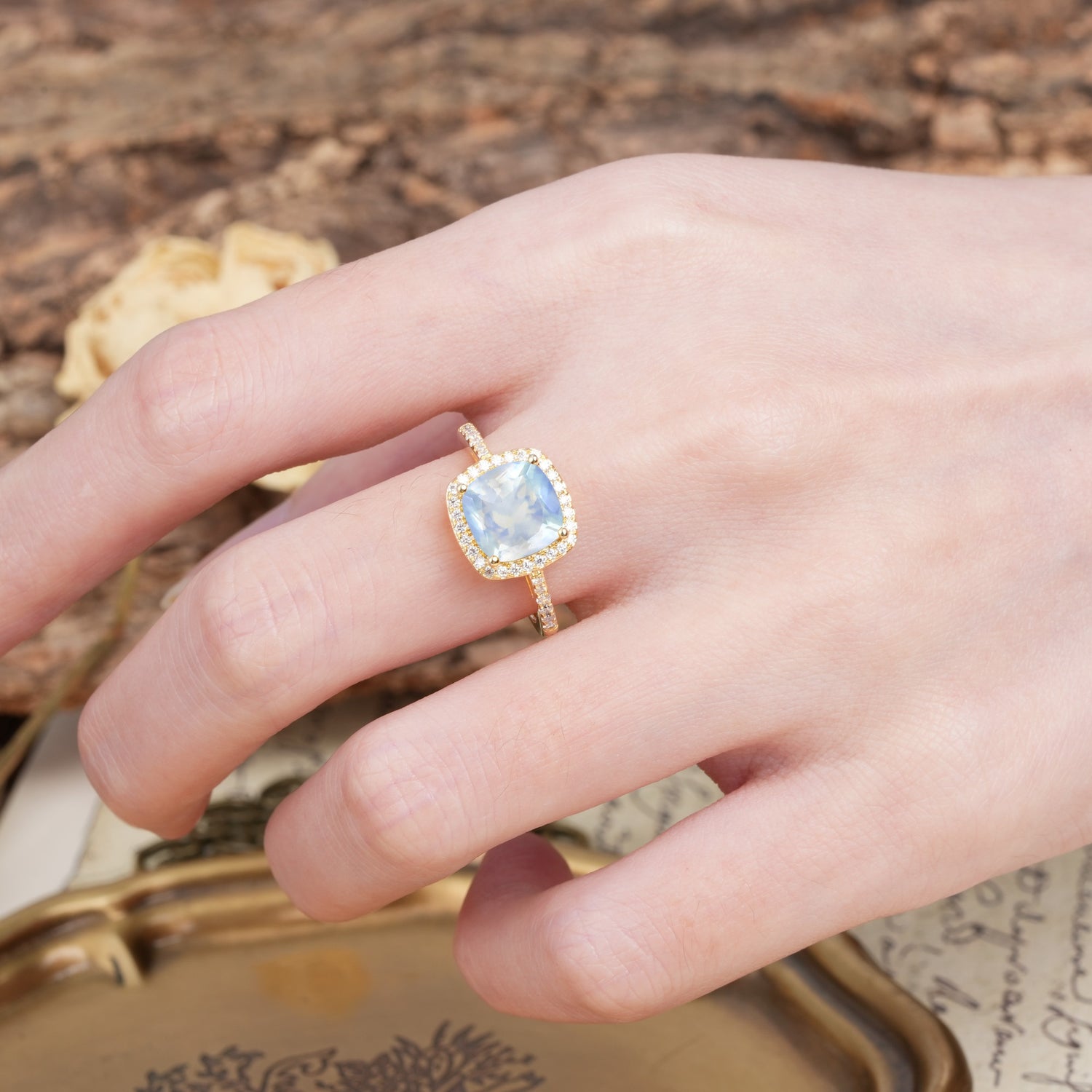 Unique And Luxurious 4-Prong Princess Cut Moonstone Engagement Ring - Additional view
