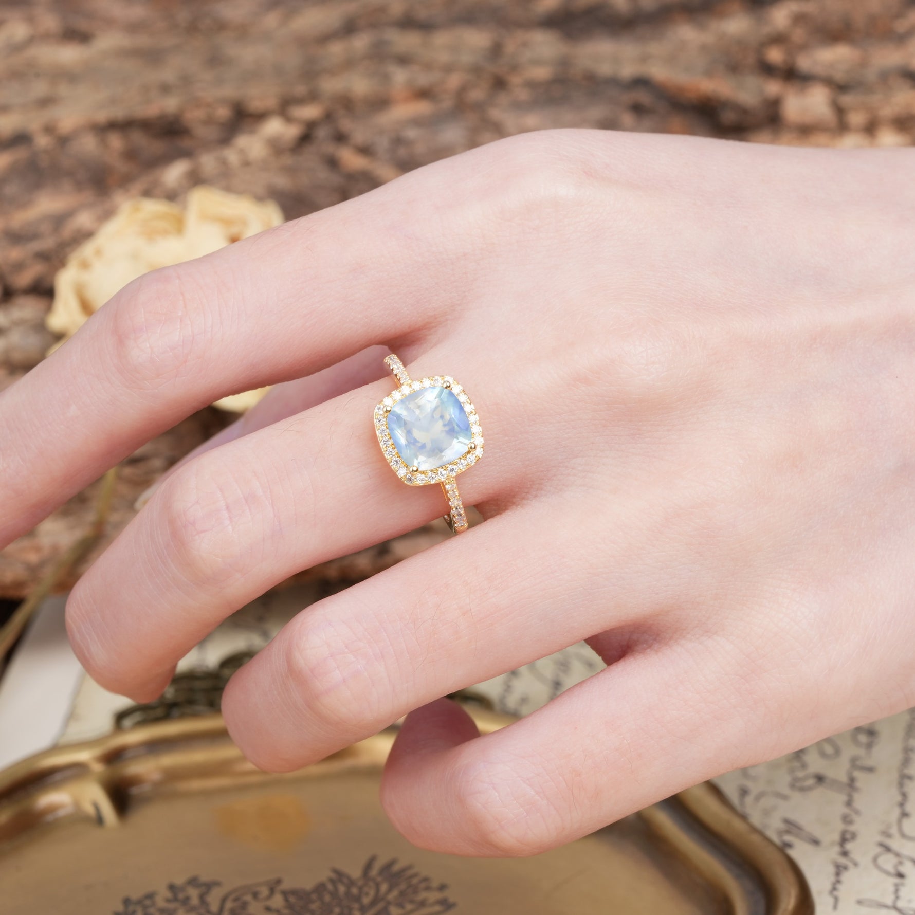 Unique And Luxurious 4-Prong Princess Cut Moonstone Engagement Ring - Additional view