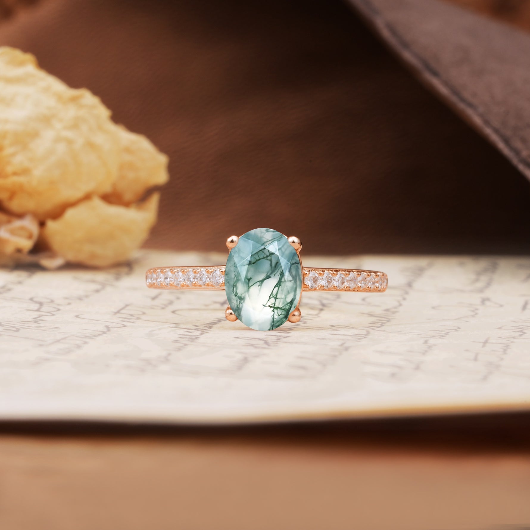 Classic Simple 4-Prong Oval Cut Moss Agate Engagement Ring - Additional view