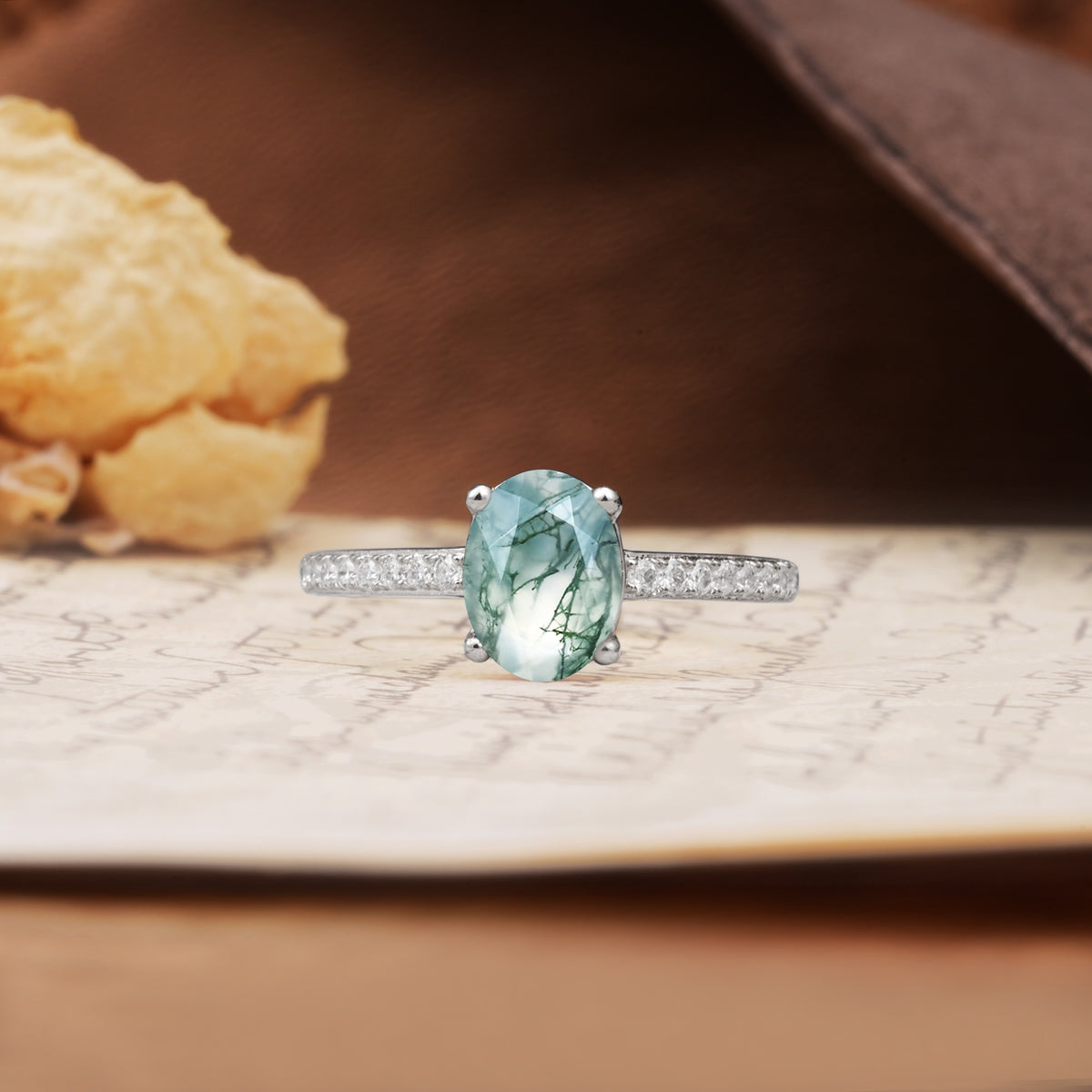 Classic Simple 4-Prong Oval Cut Moss Agate Engagement Ring - Additional view