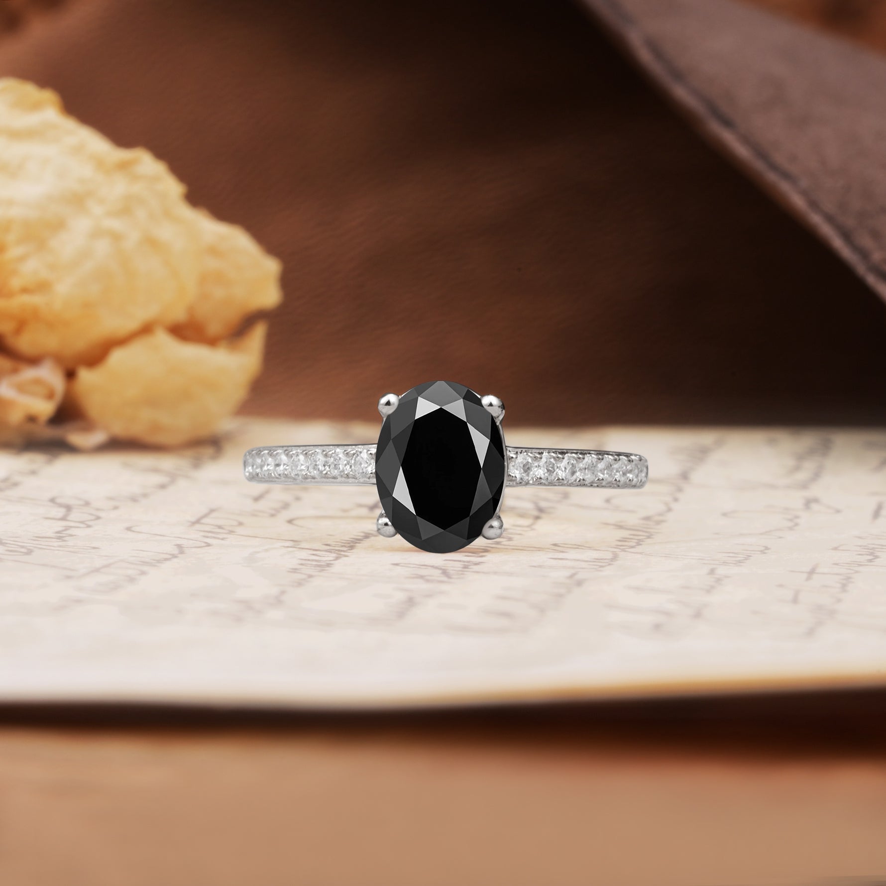 Classic Simple 4-Prong Oval Cut Black Onyx Engagement Ring - Additional view