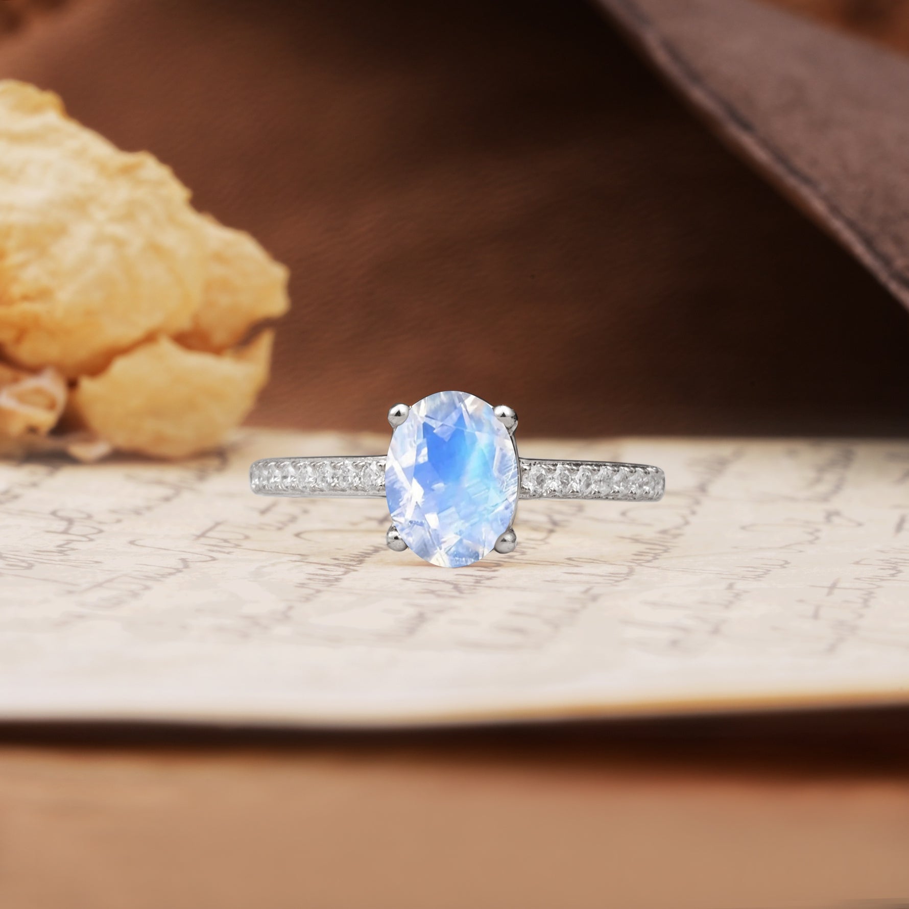 Classic Simple 4-Prong Oval Cut Moonstone Engagement Ring - Additional view