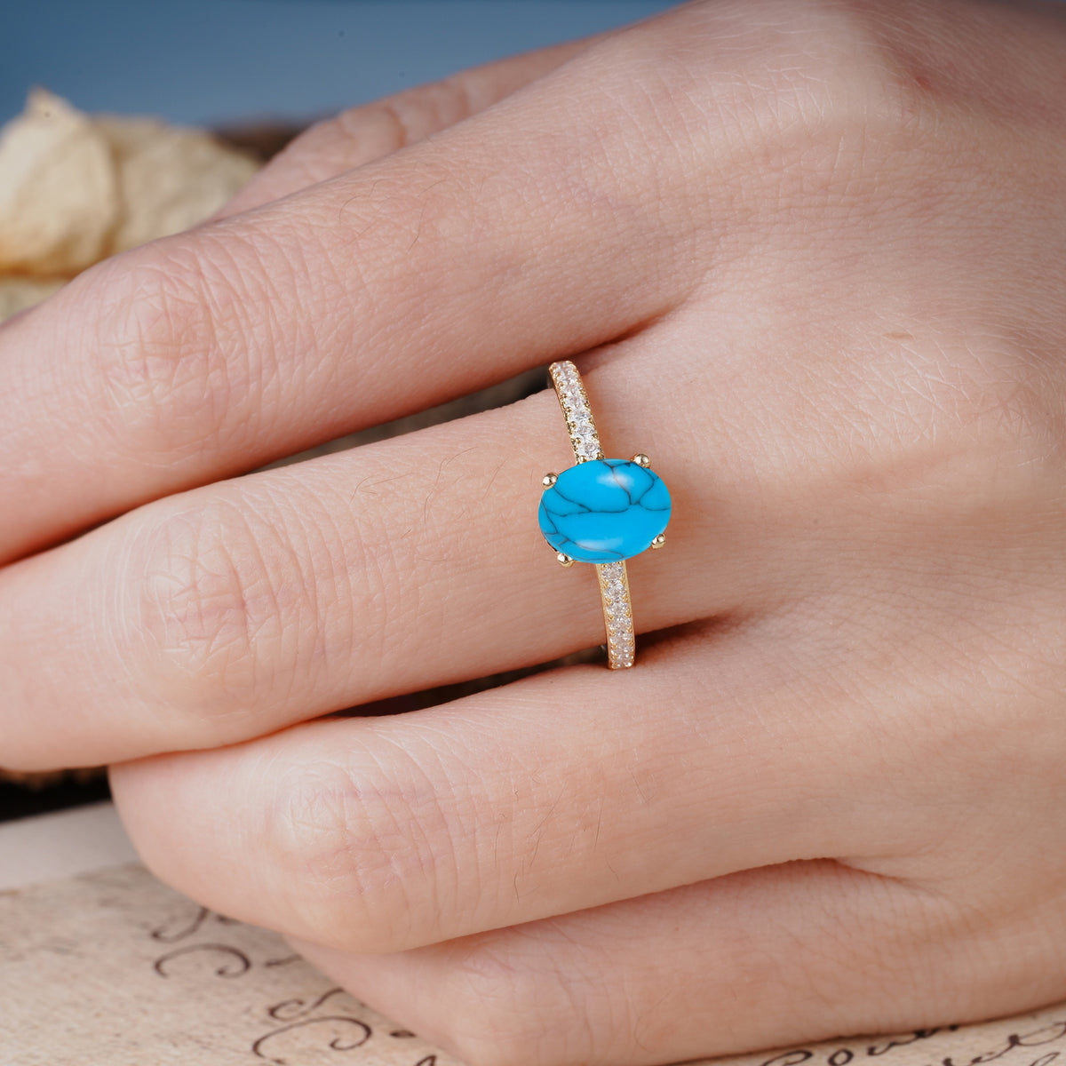 Classic Simple 4-Prong Oval Cut Turquoise Engagement Ring - Additional view
