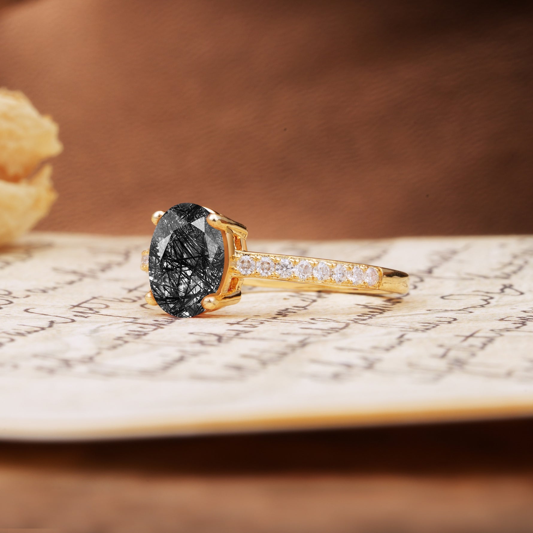 Classic Simple 4-Prong Oval Cut Black Rutilated Quartz Engagement Ring - Additional view
