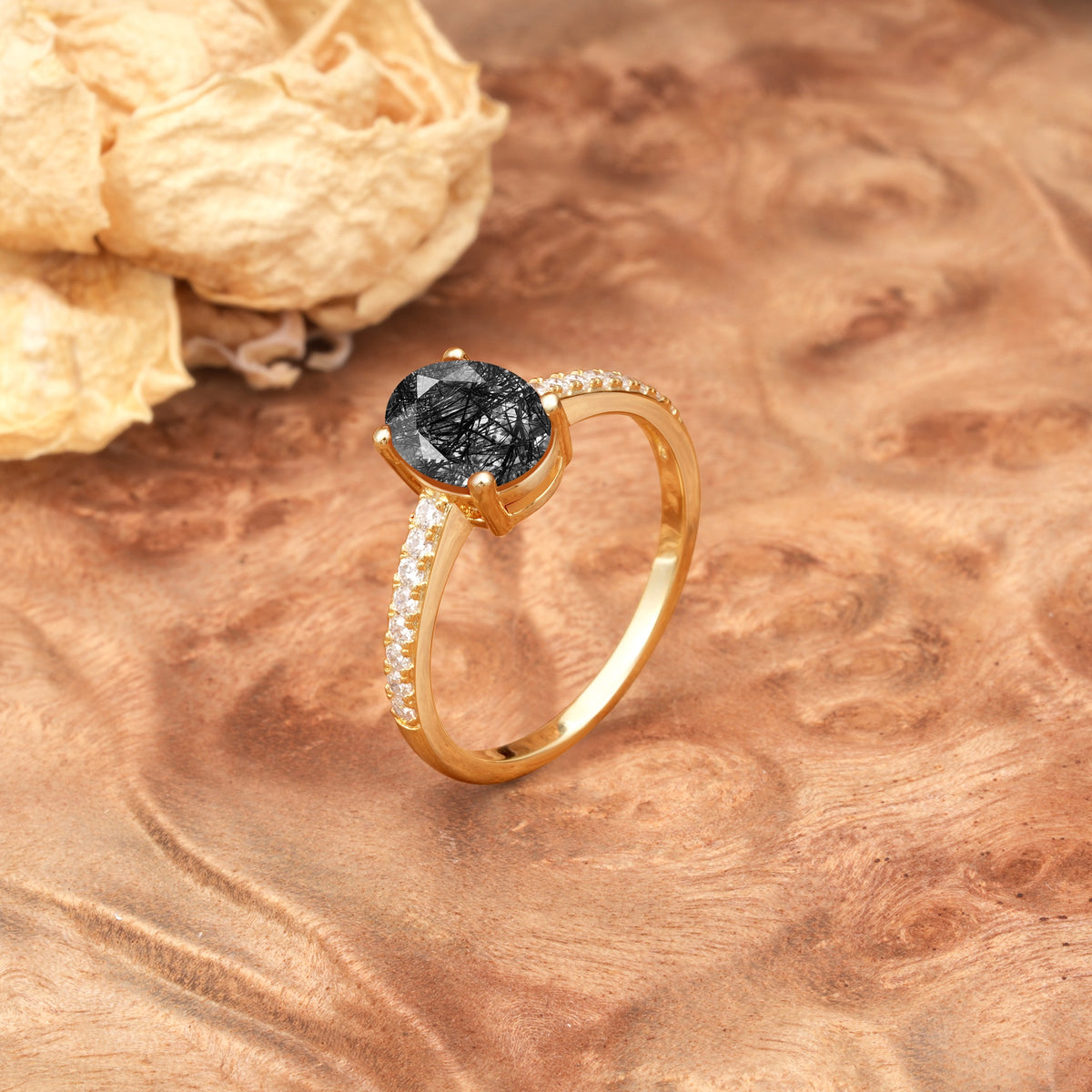 Classic Simple 4-Prong Oval Cut Black Rutilated Quartz Engagement Ring - Additional view