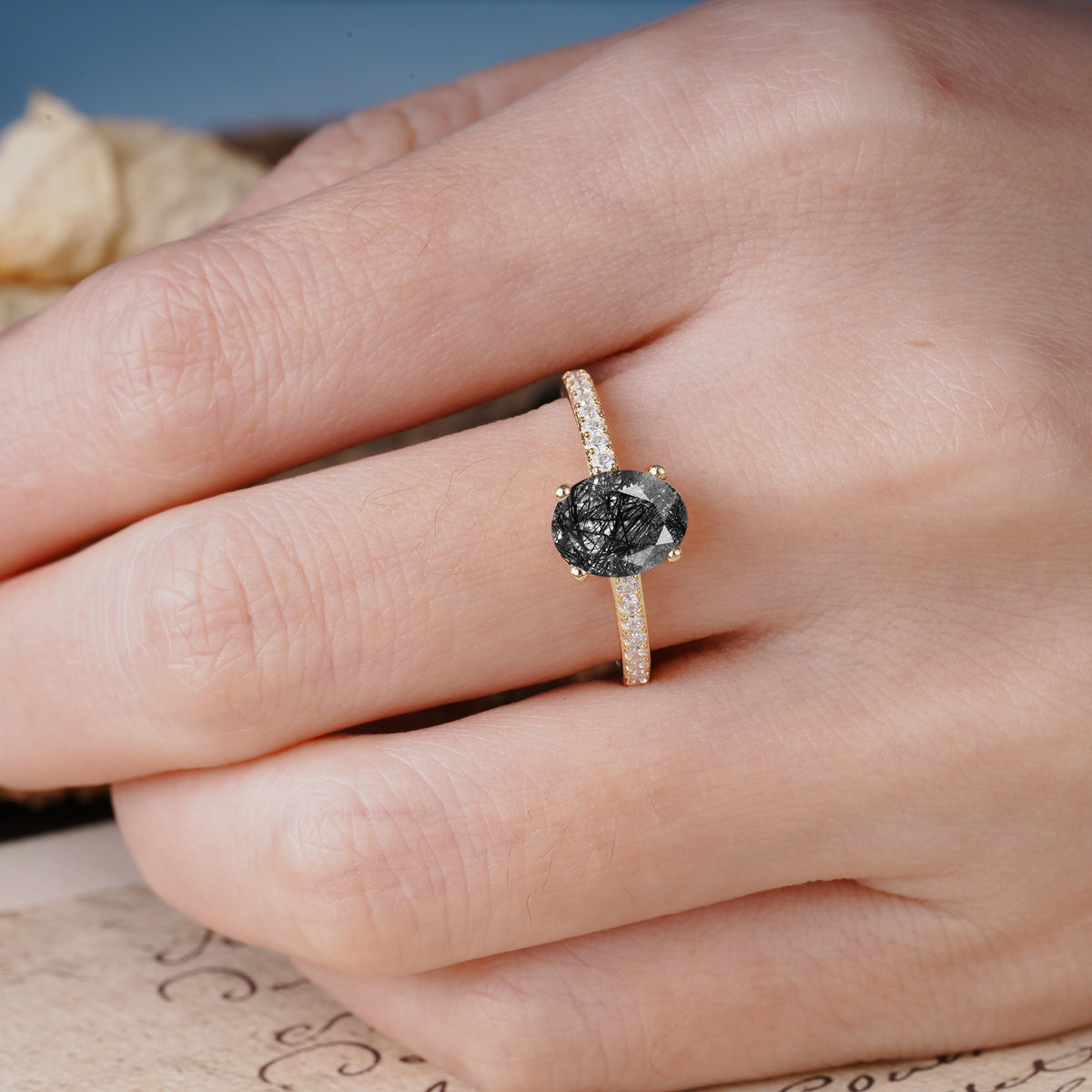 Classic Simple 4-Prong Oval Cut Black Rutilated Quartz Engagement Ring - Additional view