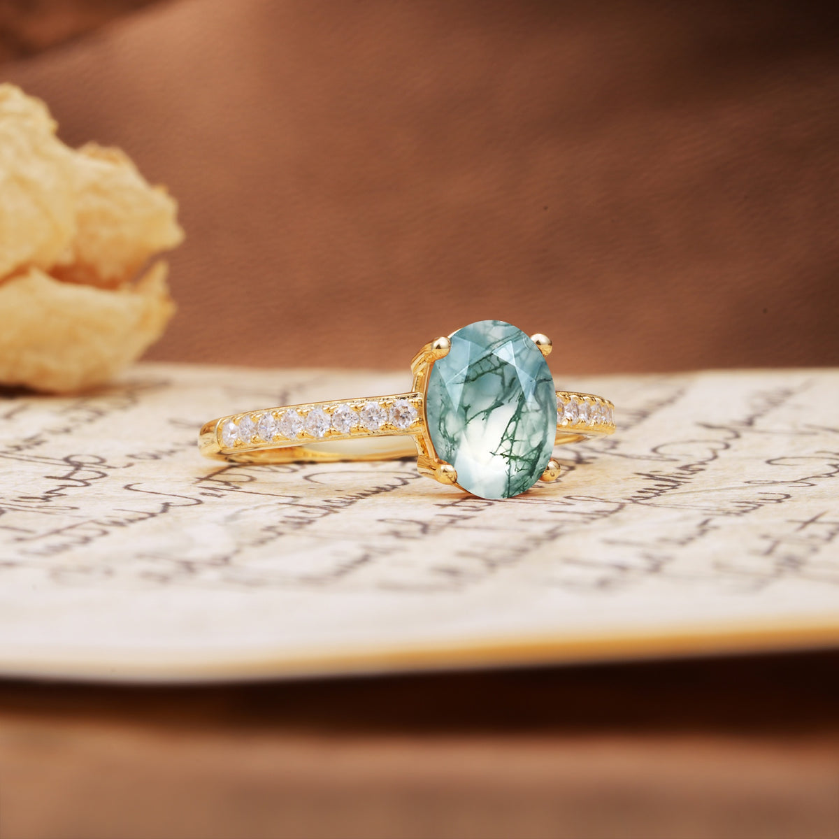 Classic Simple 4-Prong Oval Cut Moss Agate Engagement Ring - Additional view