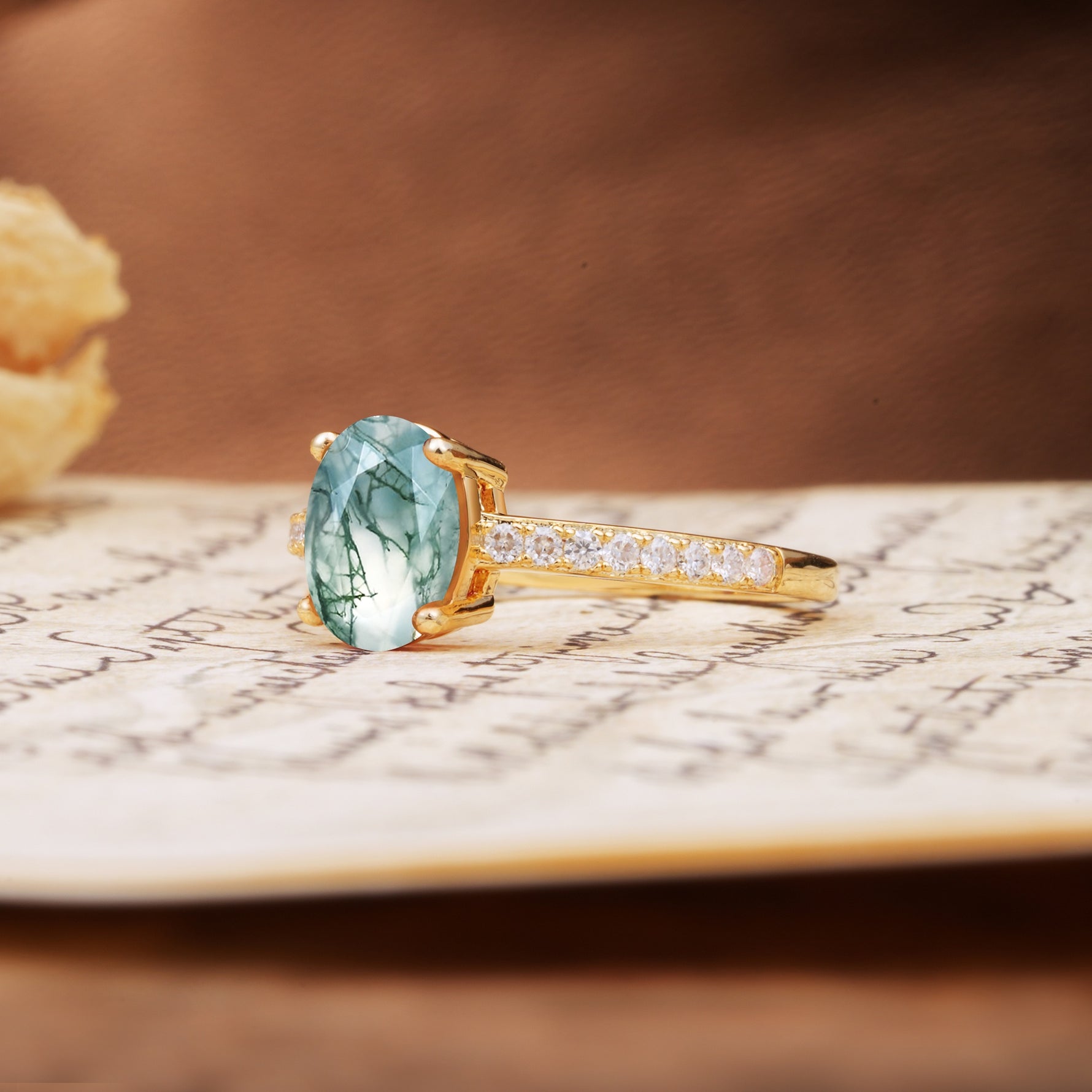 Classic Simple 4-Prong Oval Cut Moss Agate Engagement Ring - Additional view