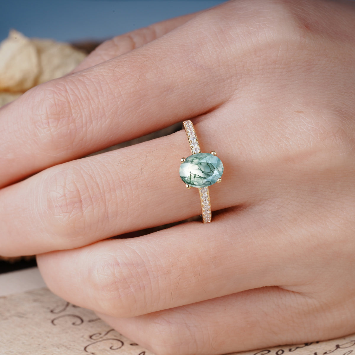 Classic Simple 4-Prong Oval Cut Moss Agate Engagement Ring - Additional view