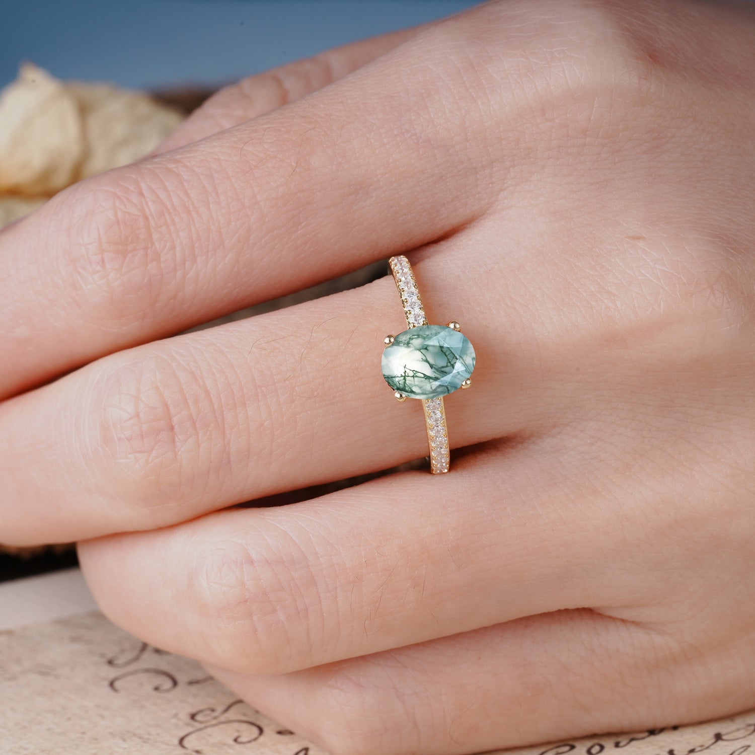Classic Simple 4-Prong Oval Cut Moss Agate Engagement Ring - Additional view