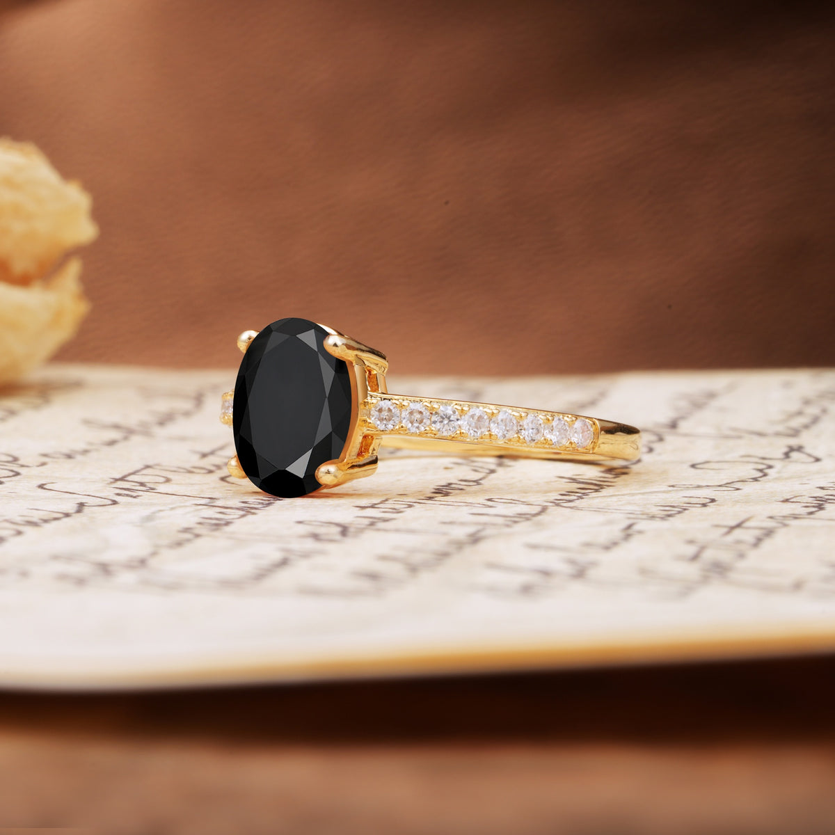 Classic Simple 4-Prong Oval Cut Black Onyx Engagement Ring - Additional view