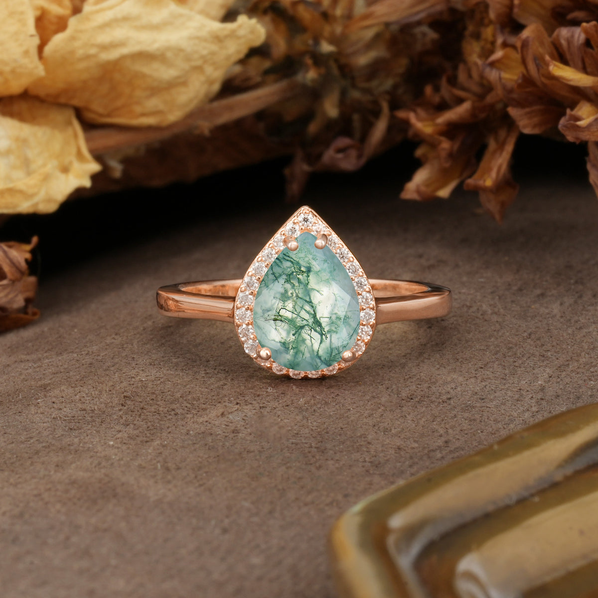 Luxurious 4-Prong Pear Cut Moss Agate Engagement Ring - Additional view