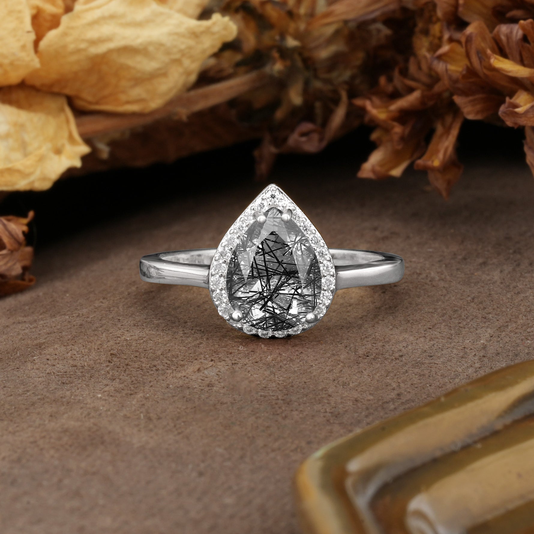 Luxurious 4-Prong Pear Cut Black Rutilated Quartz Engagement Ring - Additional view