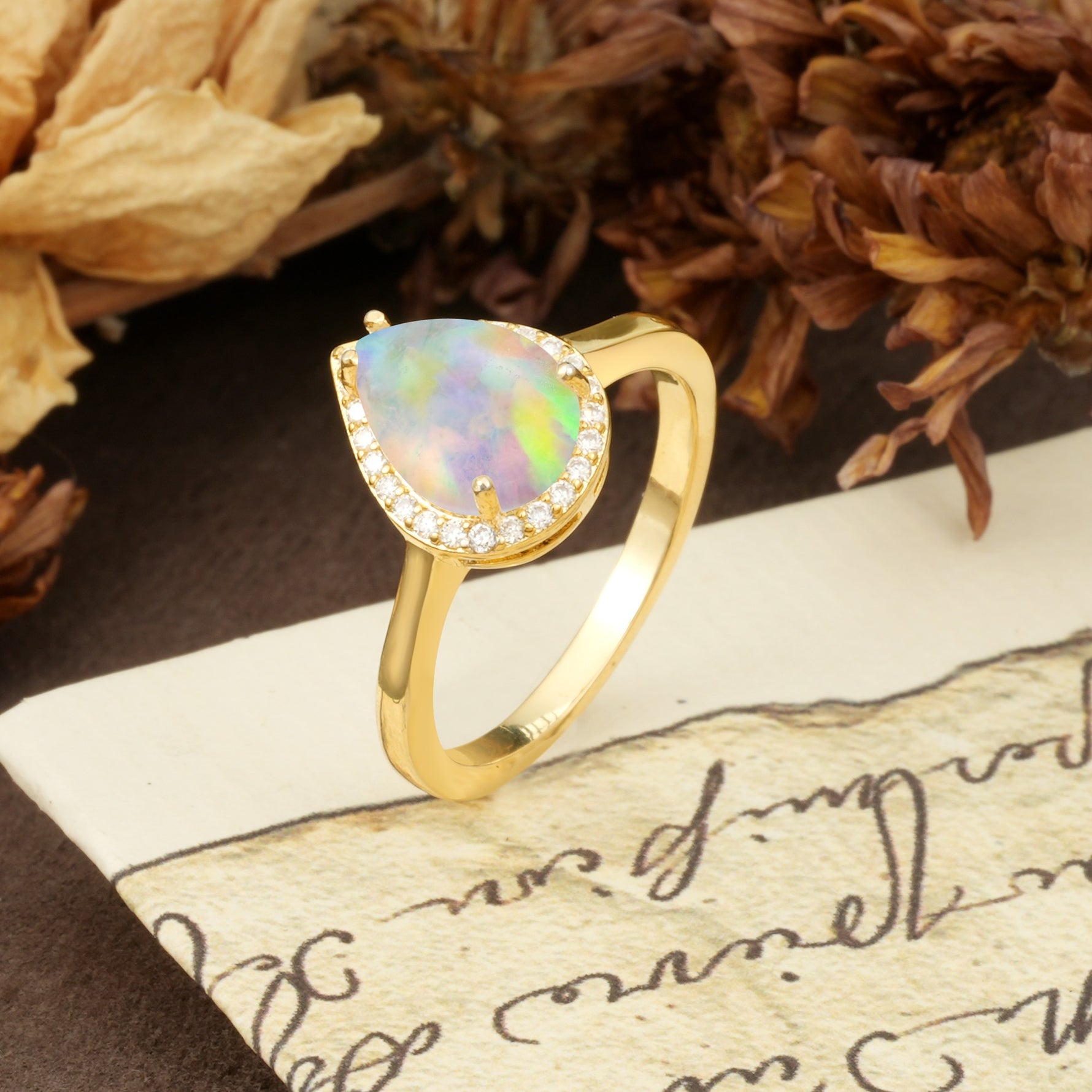 Luxurious 4-Prong Pear Cut Fire Opal Engagement Ring - Additional view