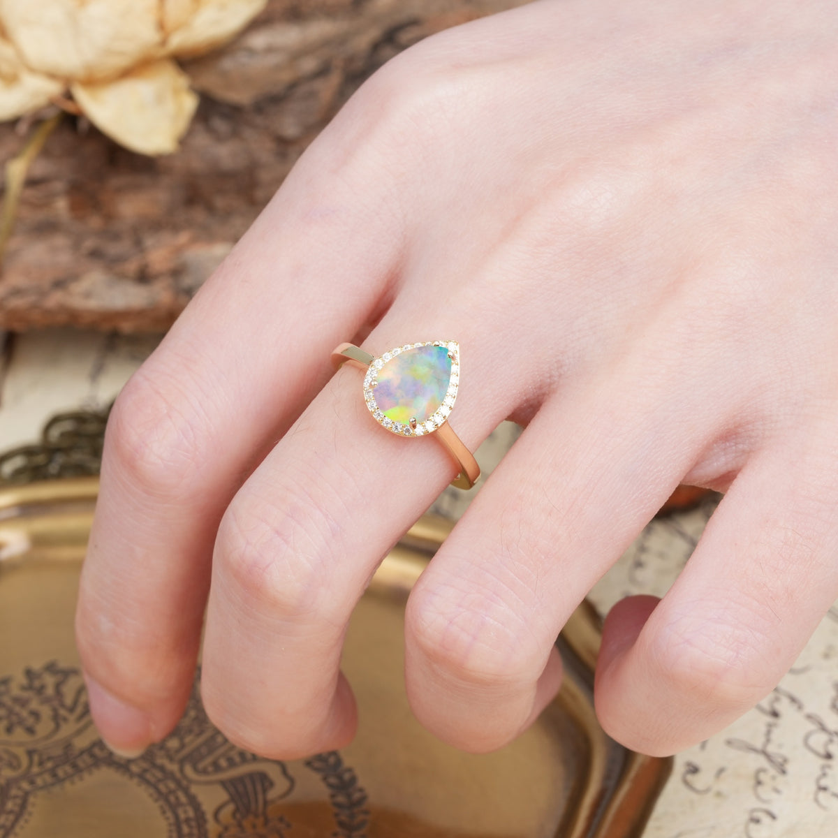 Luxurious 4-Prong Pear Cut Fire Opal Engagement Ring - Additional view