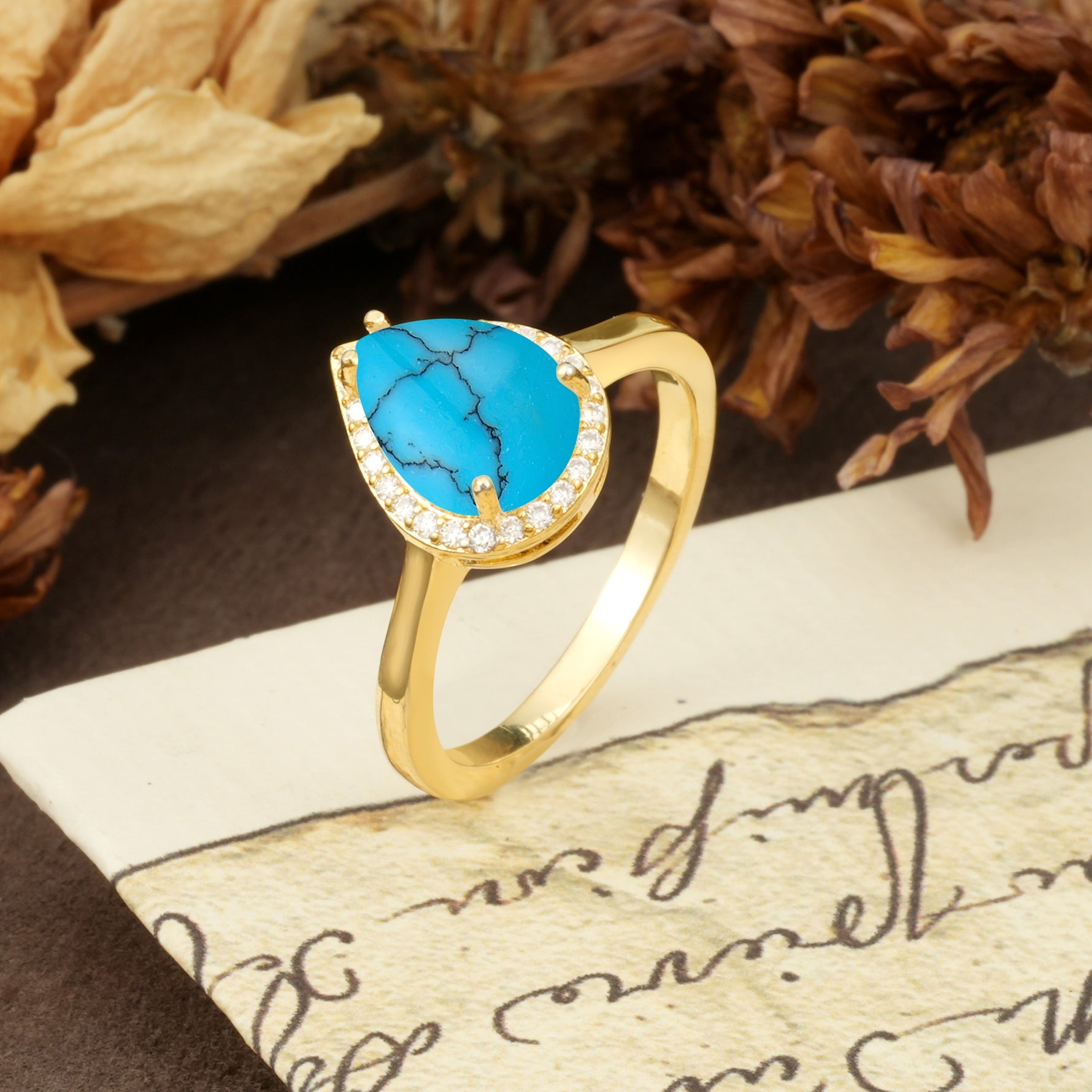 Luxurious 4-Prong Pear Cut Turquoise Engagement Ring - Additional view
