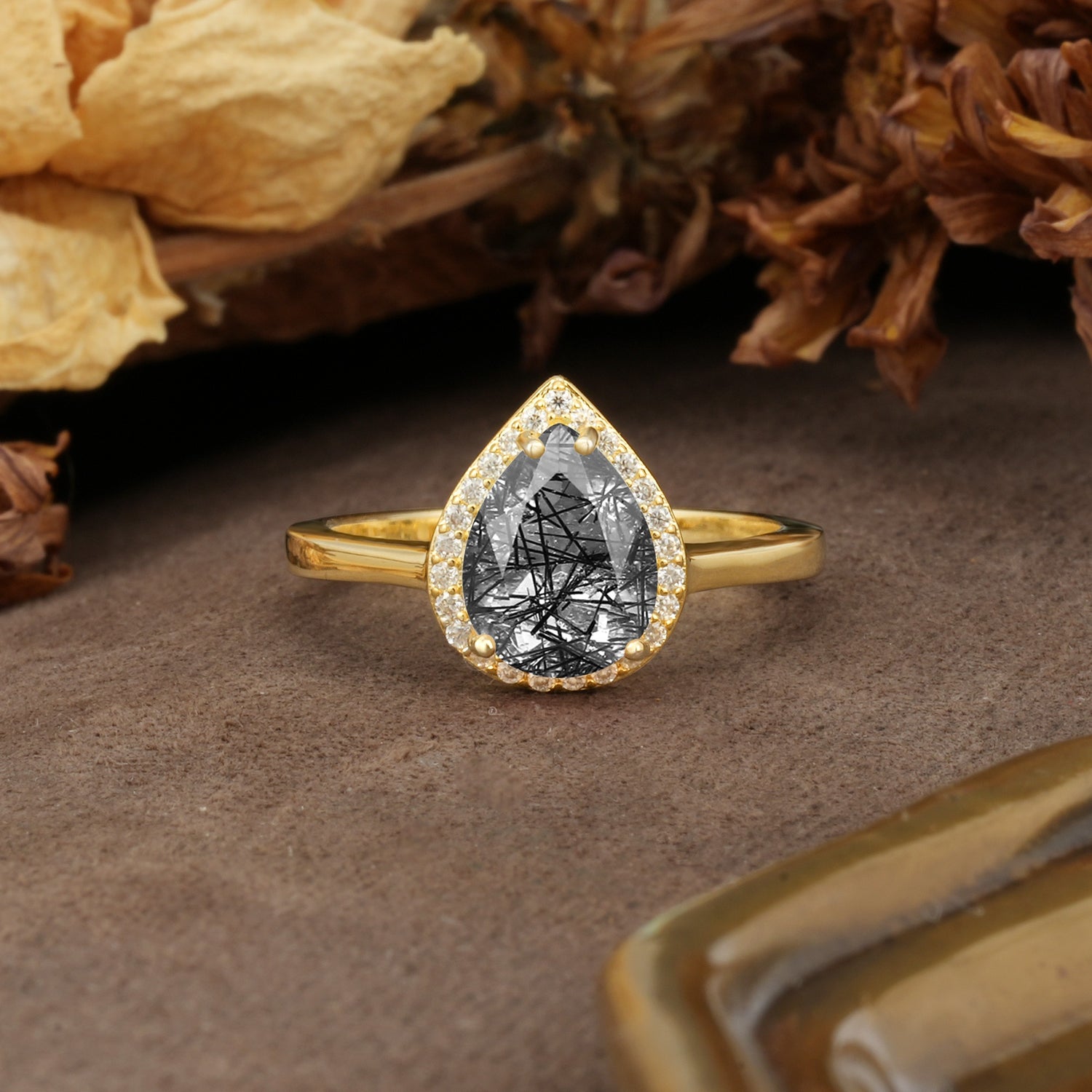 Luxurious 4-Prong Pear Cut Black Rutilated Quartz Engagement Ring - Additional view