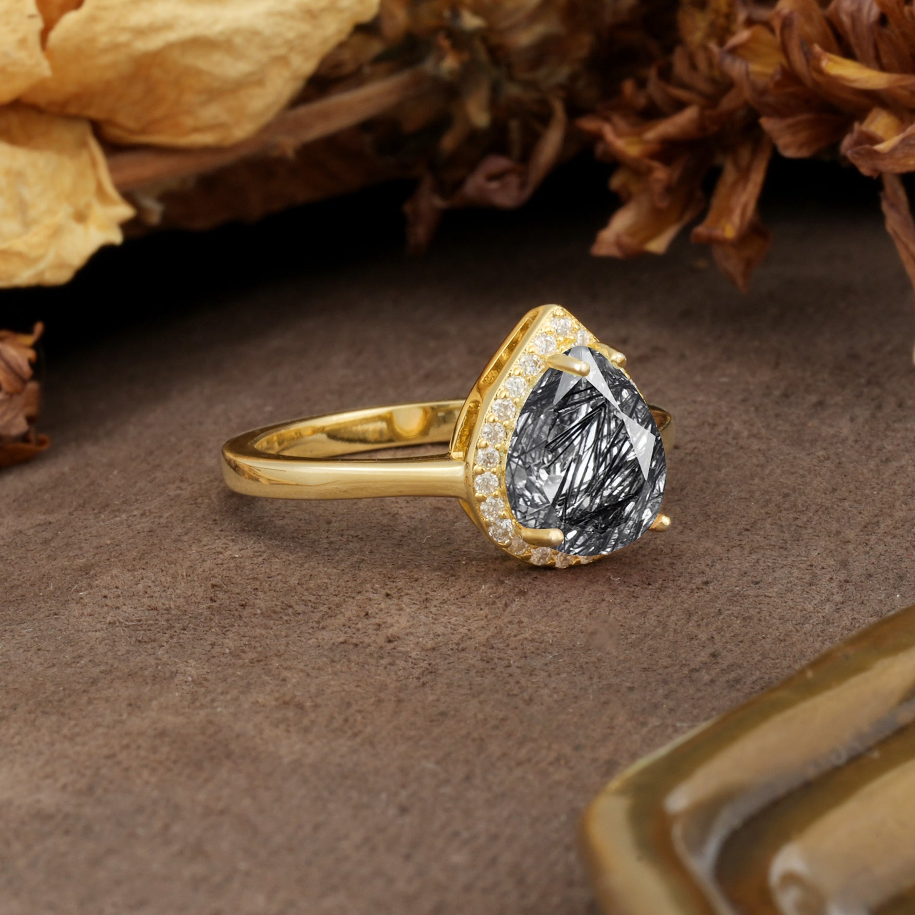 Luxurious 4-Prong Pear Cut Black Rutilated Quartz Engagement Ring - Additional view