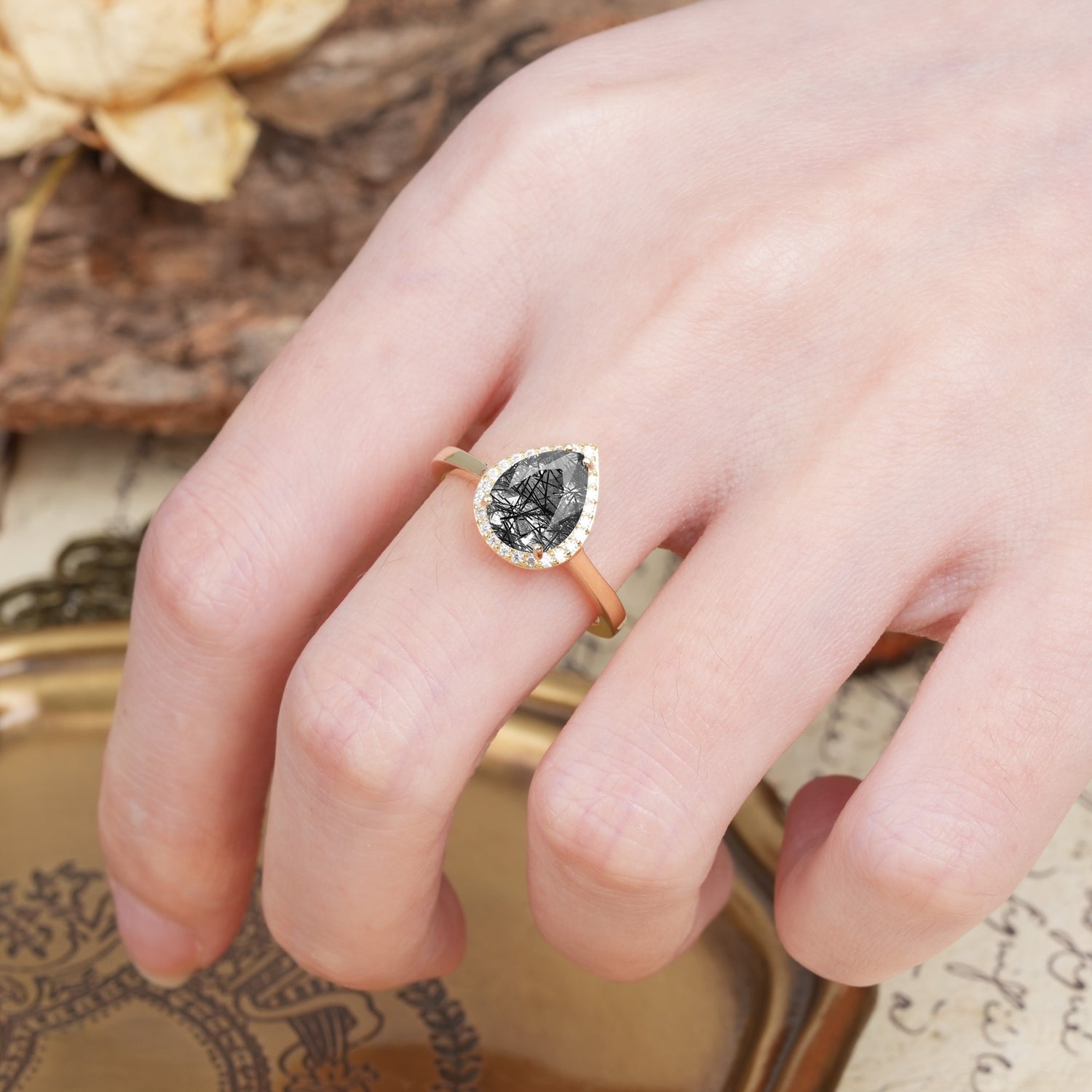 Luxurious 4-Prong Pear Cut Black Rutilated Quartz Engagement Ring - Additional view