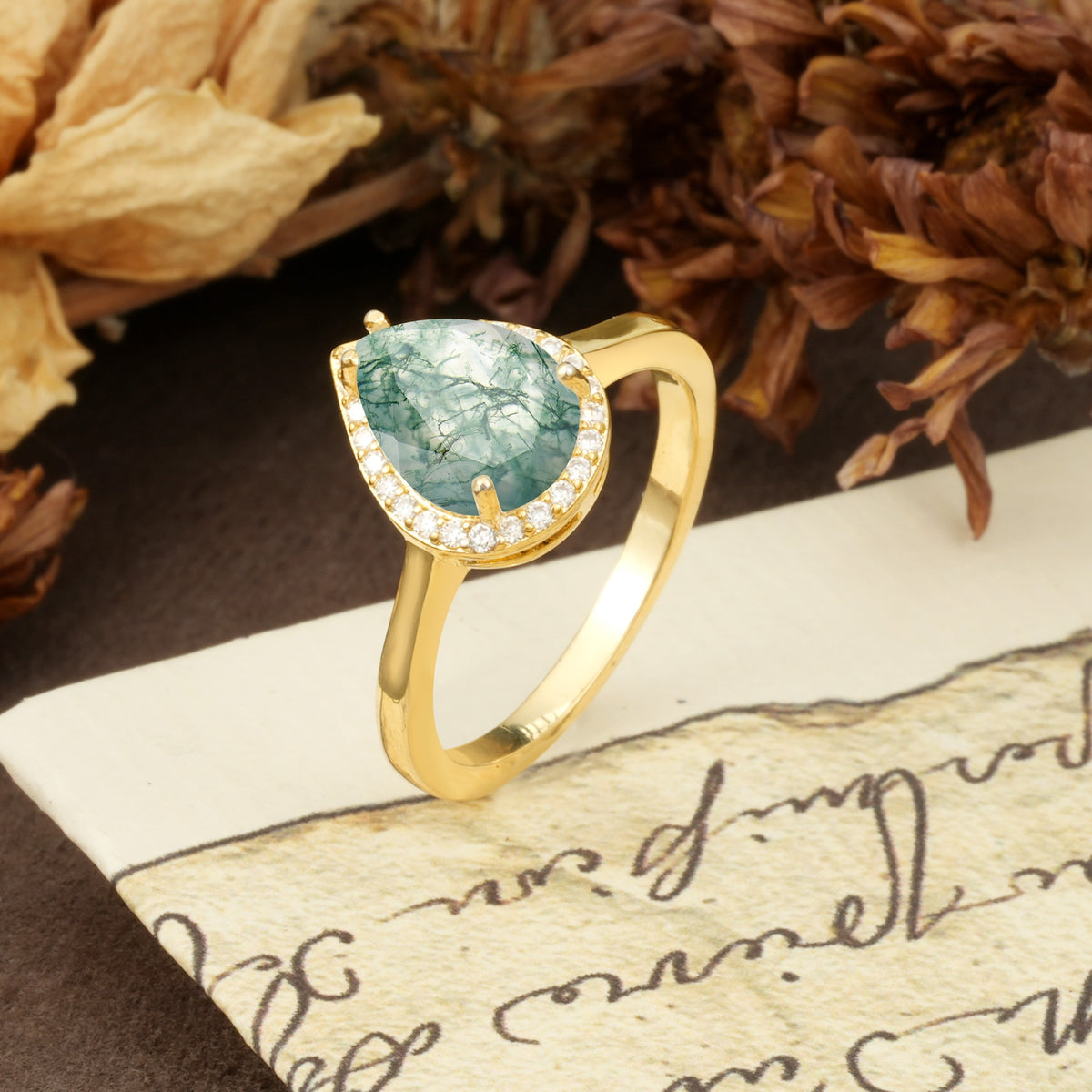 Luxurious 4-Prong Pear Cut Moss Agate Engagement Ring - Additional view