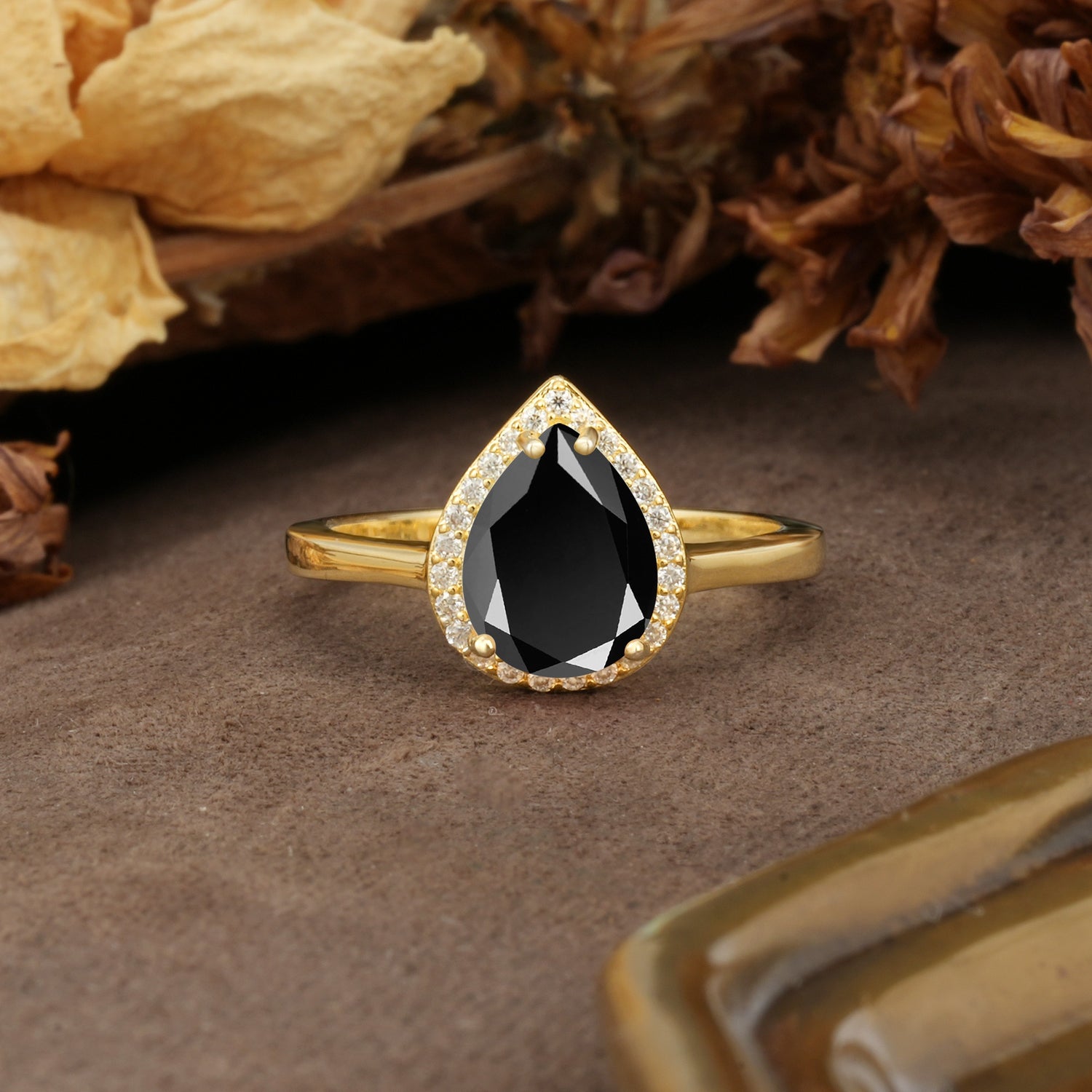 Luxurious 4-Prong Pear Cut Black Onyx Engagement Ring - Additional view