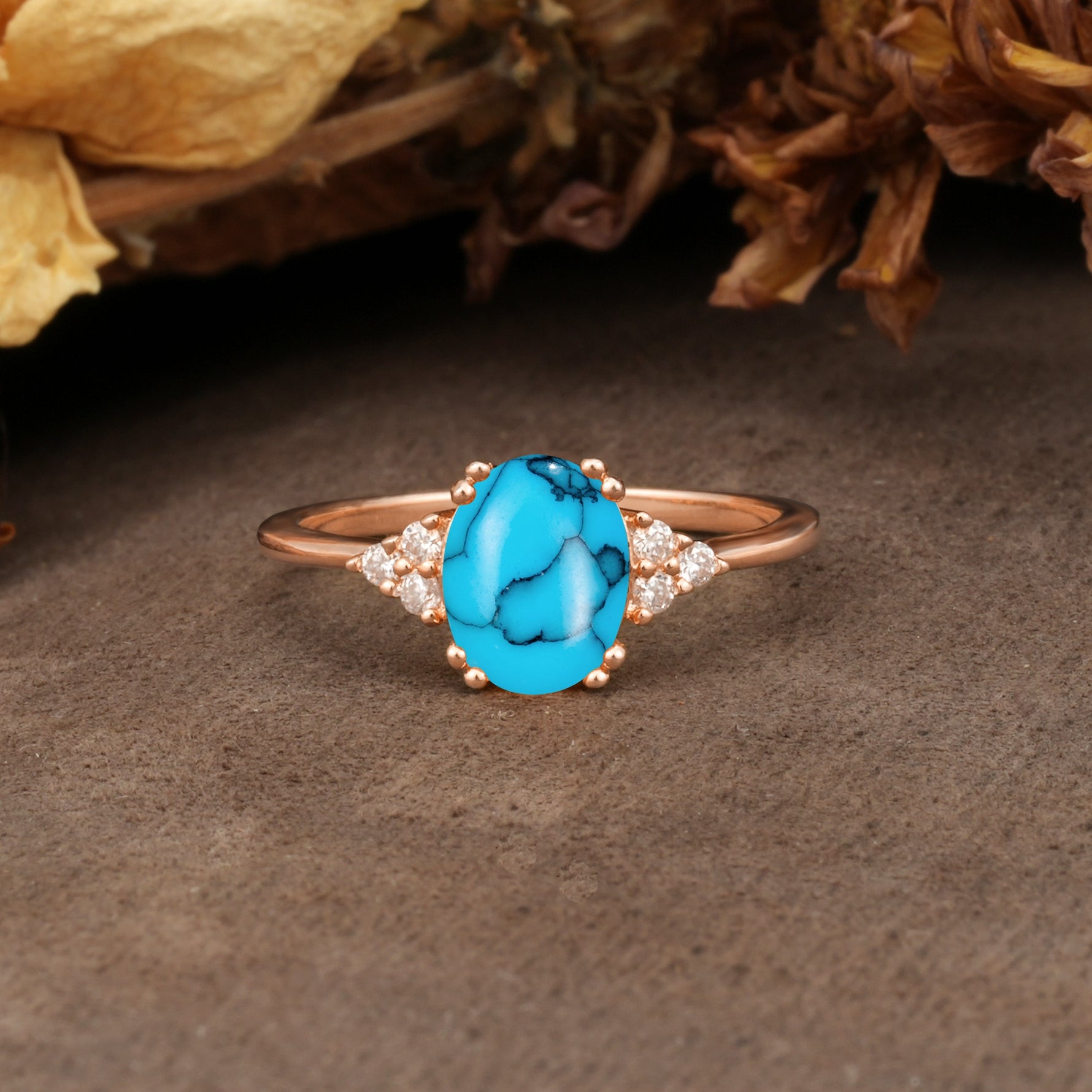 Classic Vintage 8-Prong Oval Cut Turquoise Engagement Ring - Additional view