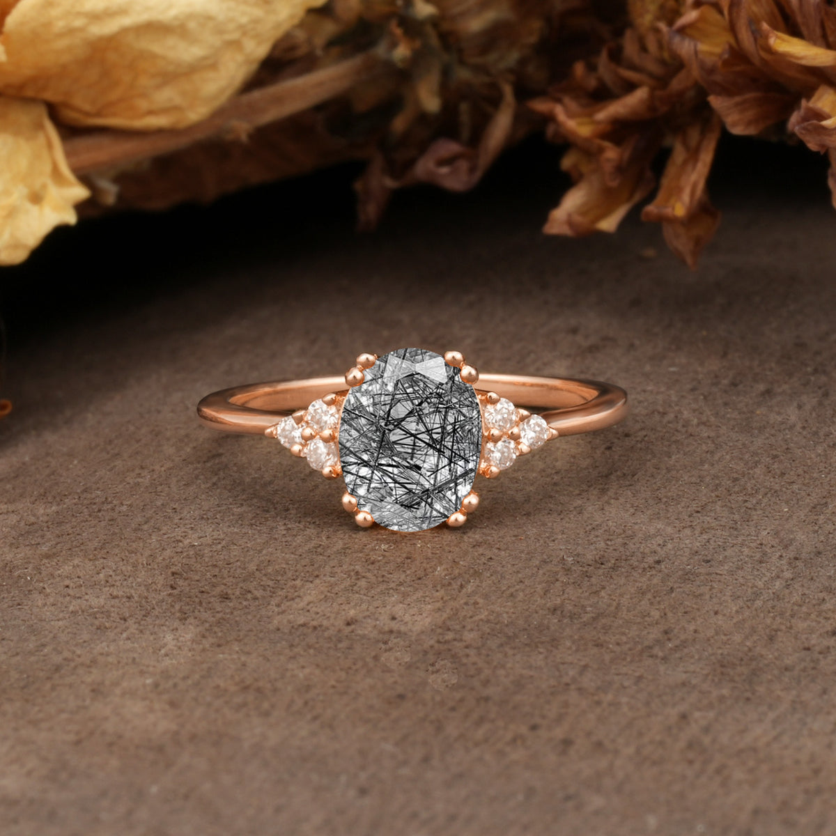 Classic Vintage 8-Prong Oval Cut Black Rutilated Quartz Engagement Ring - Additional view