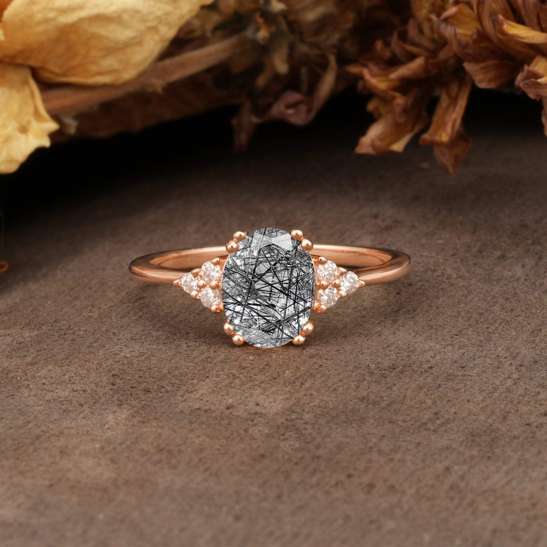 Classic Vintage 8-Prong Oval Cut Black Rutilated Quartz Engagement Ring - Additional view