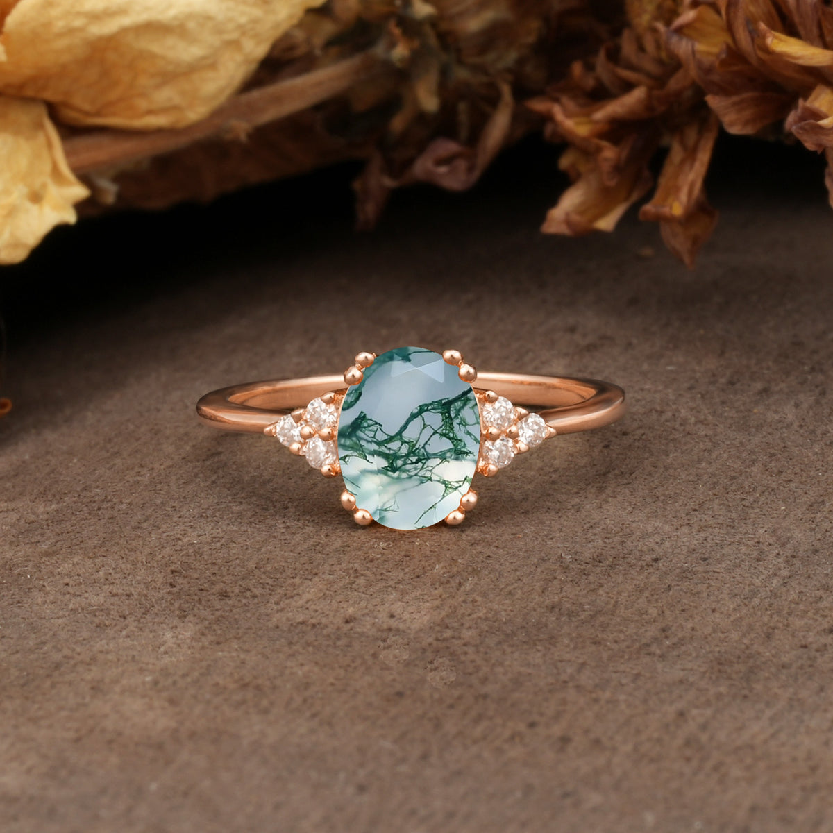 Classic Vintage 8-Prong Oval Cut Moss Agate Engagement Ring - Additional view