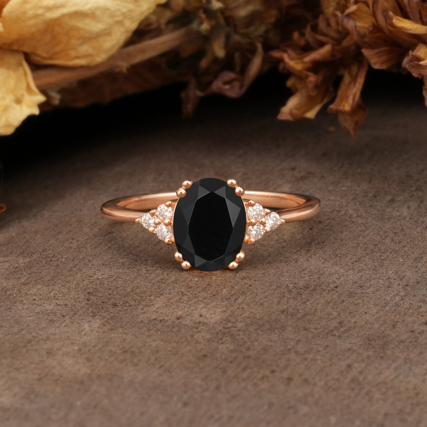 Classic Vintage 8-Prong Oval Cut Black Onyx Engagement Ring - Additional view