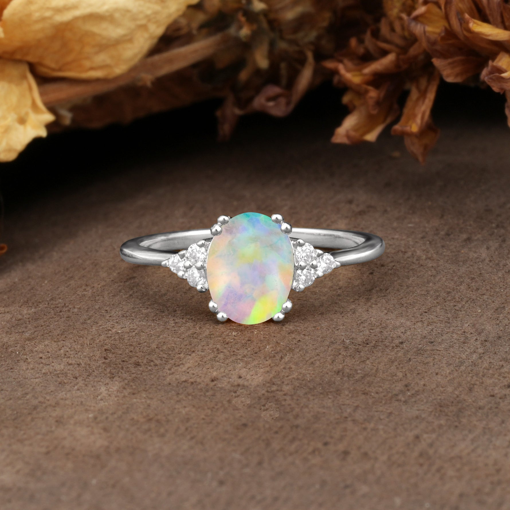 Classic Vintage 8-Prong Oval Cut Fire Opal Engagement Ring - Additional view