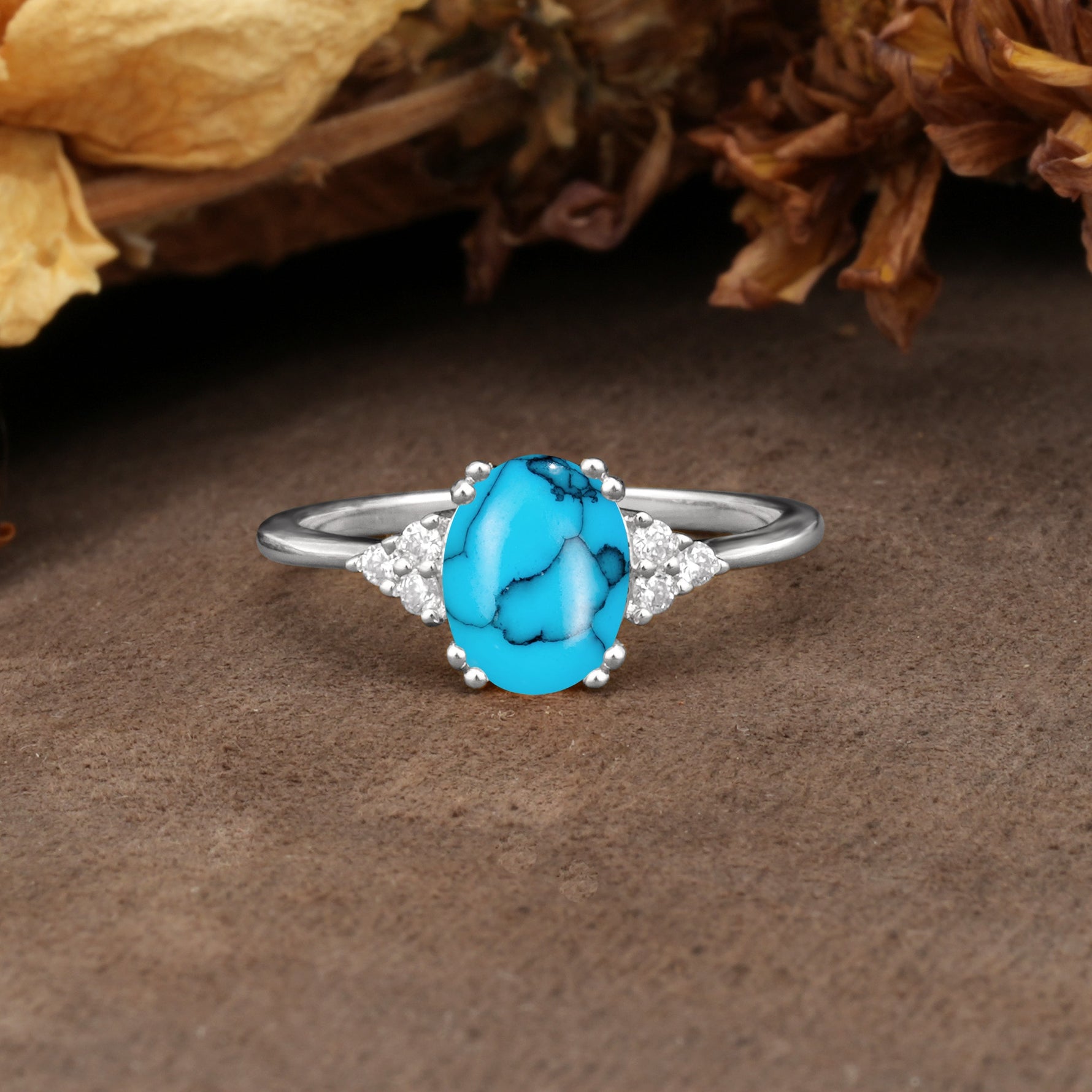 Classic Vintage 8-Prong Oval Cut Turquoise Engagement Ring - Additional view