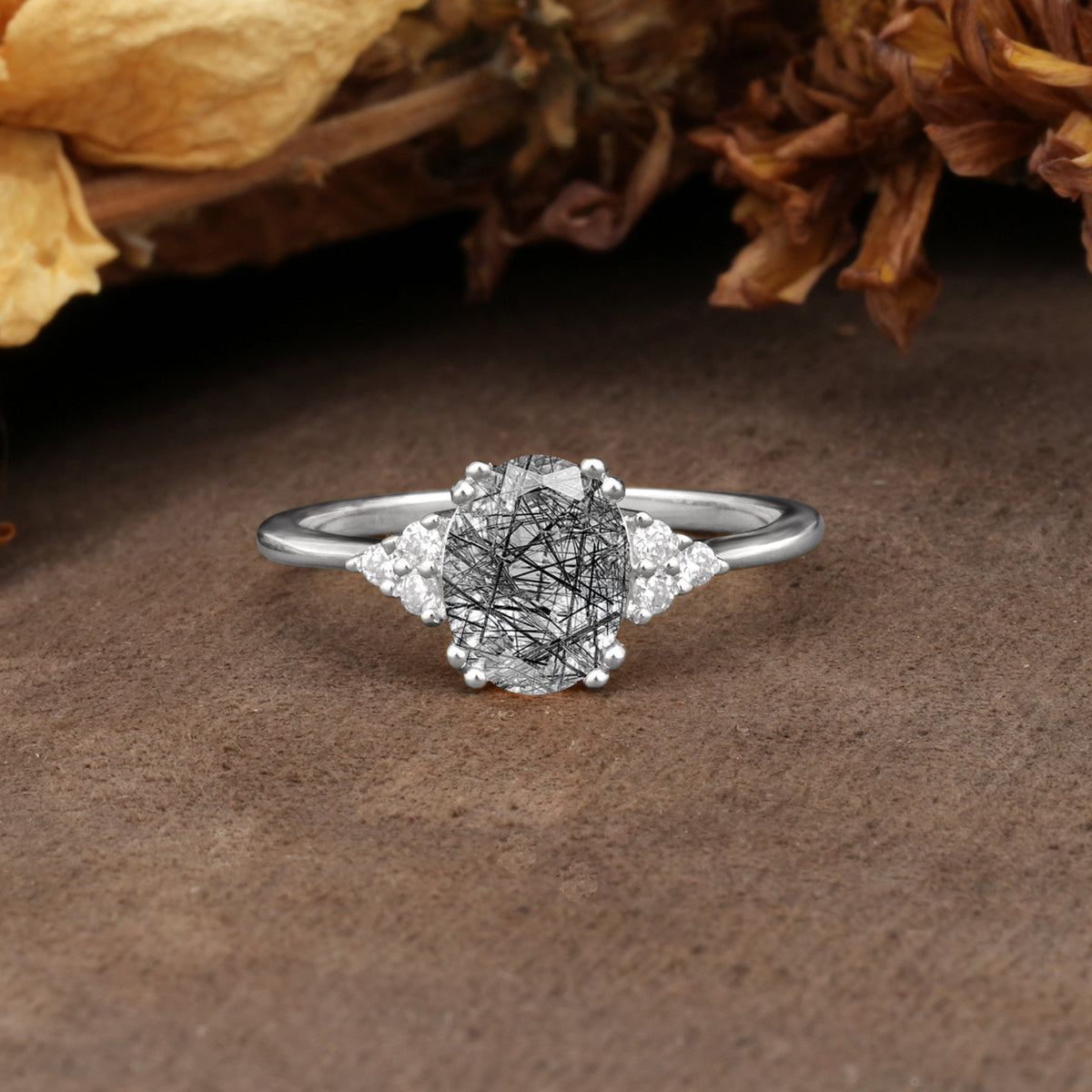 Classic Vintage 8-Prong Oval Cut Black Rutilated Quartz Engagement Ring - Additional view