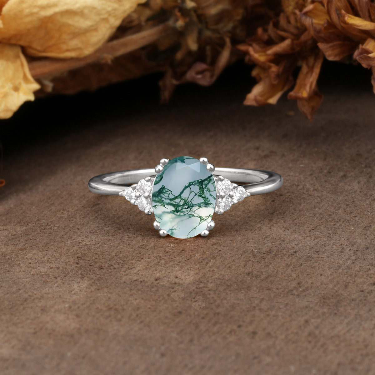 Classic Vintage 8-Prong Oval Cut Moss Agate Engagement Ring - Additional view