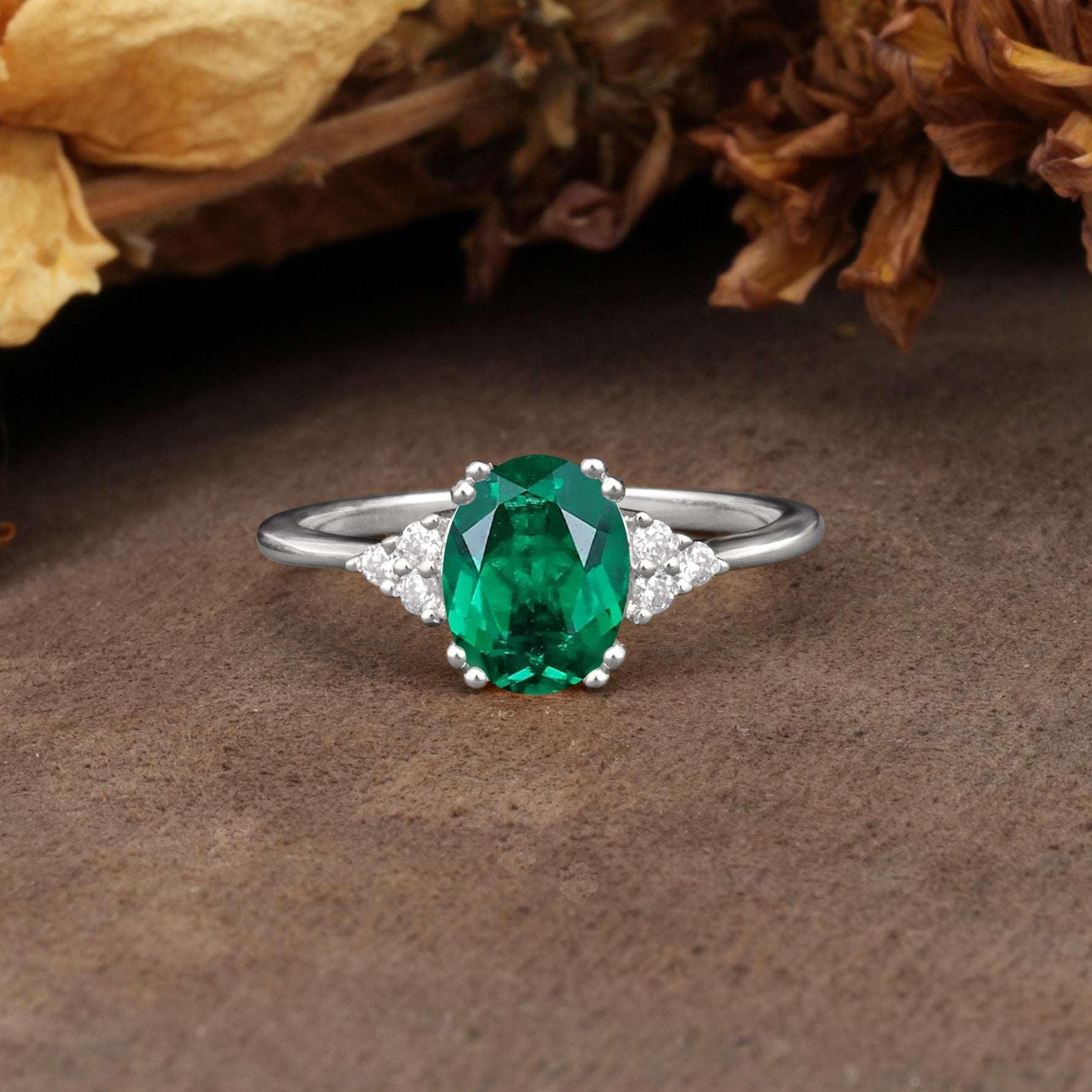 Classic Vintage 8-Prong Oval Cut Emerald Engagement Ring - Additional view