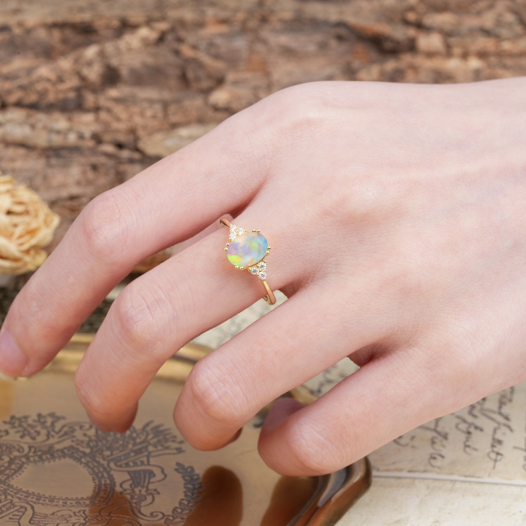 Classic Vintage 8-Prong Oval Cut Fire Opal Engagement Ring - Additional view