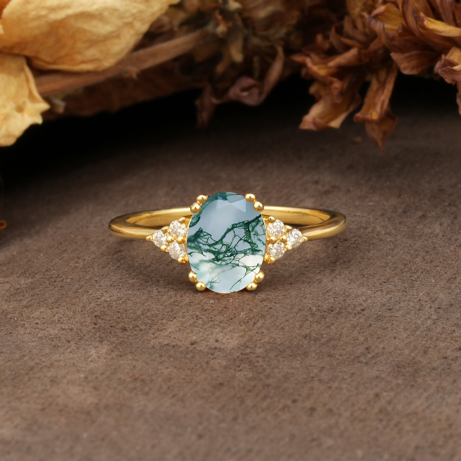 Classic Vintage 8-Prong Oval Cut Moss Agate Engagement Ring