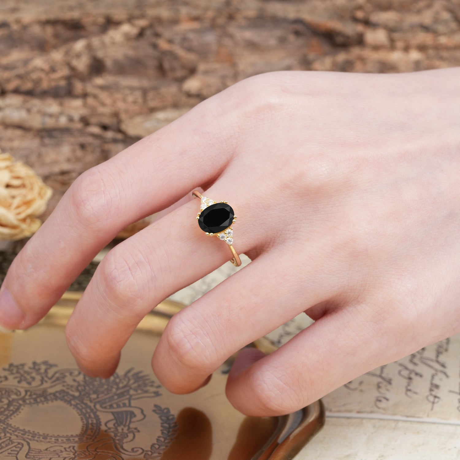 Classic Vintage 8-Prong Oval Cut Black Onyx Engagement Ring