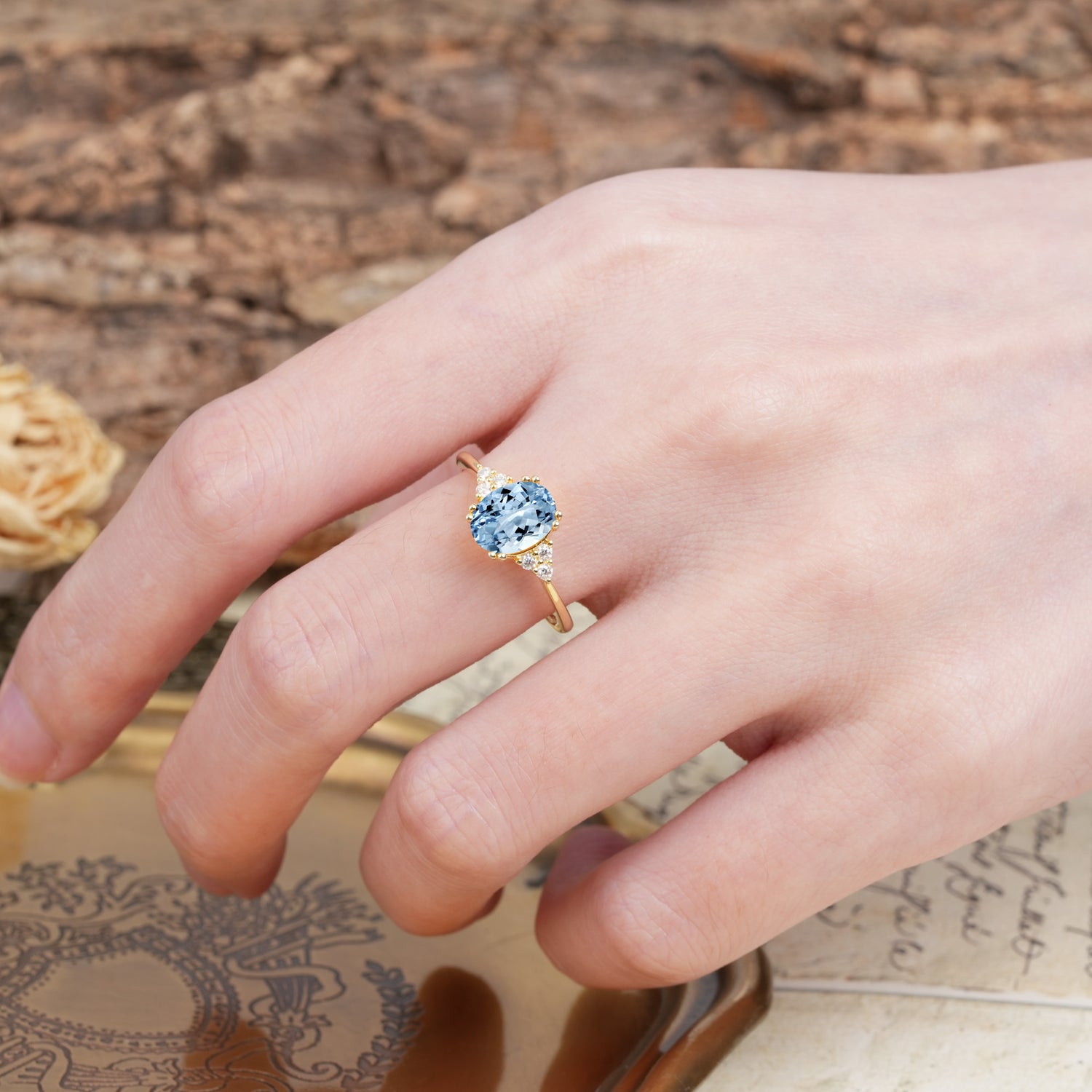 Classic Vintage 8-Prong Oval Cut Aquamarine Engagement Ring