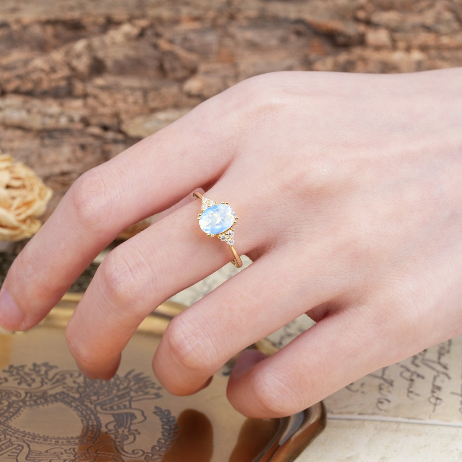 Classic Vintage 8-Prong Oval Cut Moonstone Engagement Ring