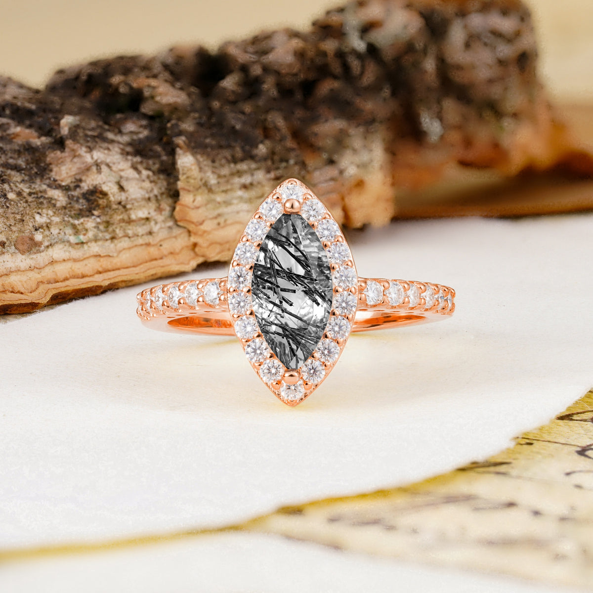 Unique and Luxurious 2-Prong Marquise Cut Black Rutilated Quartz Engagement Ring - Additional view