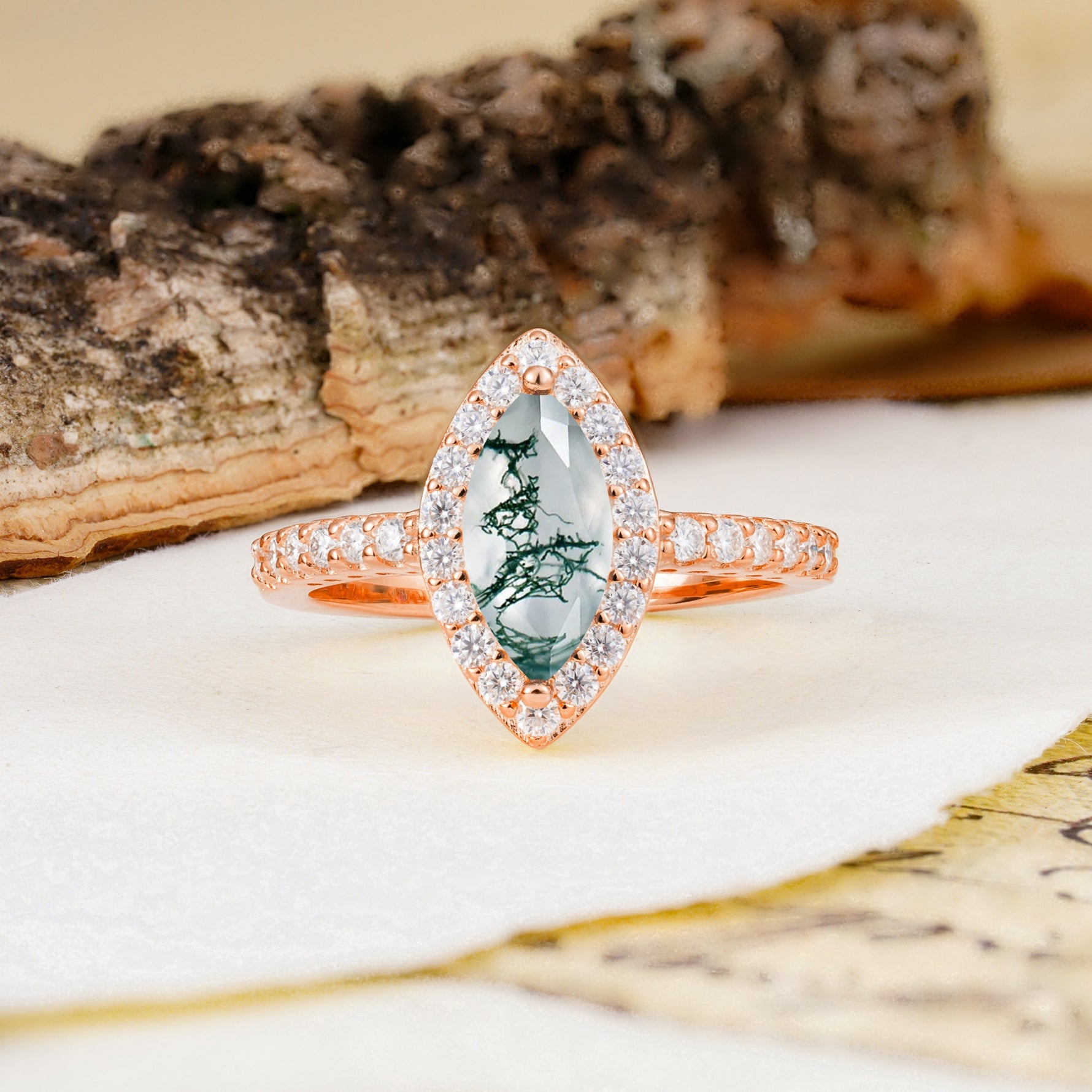 Unique and Luxurious 2-Prong Marquise Cut Moss Agate Engagement Ring - Additional view