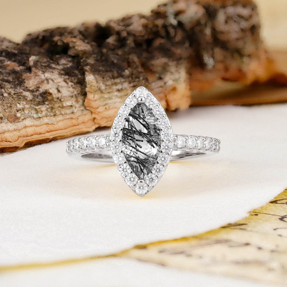 Unique and Luxurious 2-Prong Marquise Cut Black Rutilated Quartz Engagement Ring - Additional view